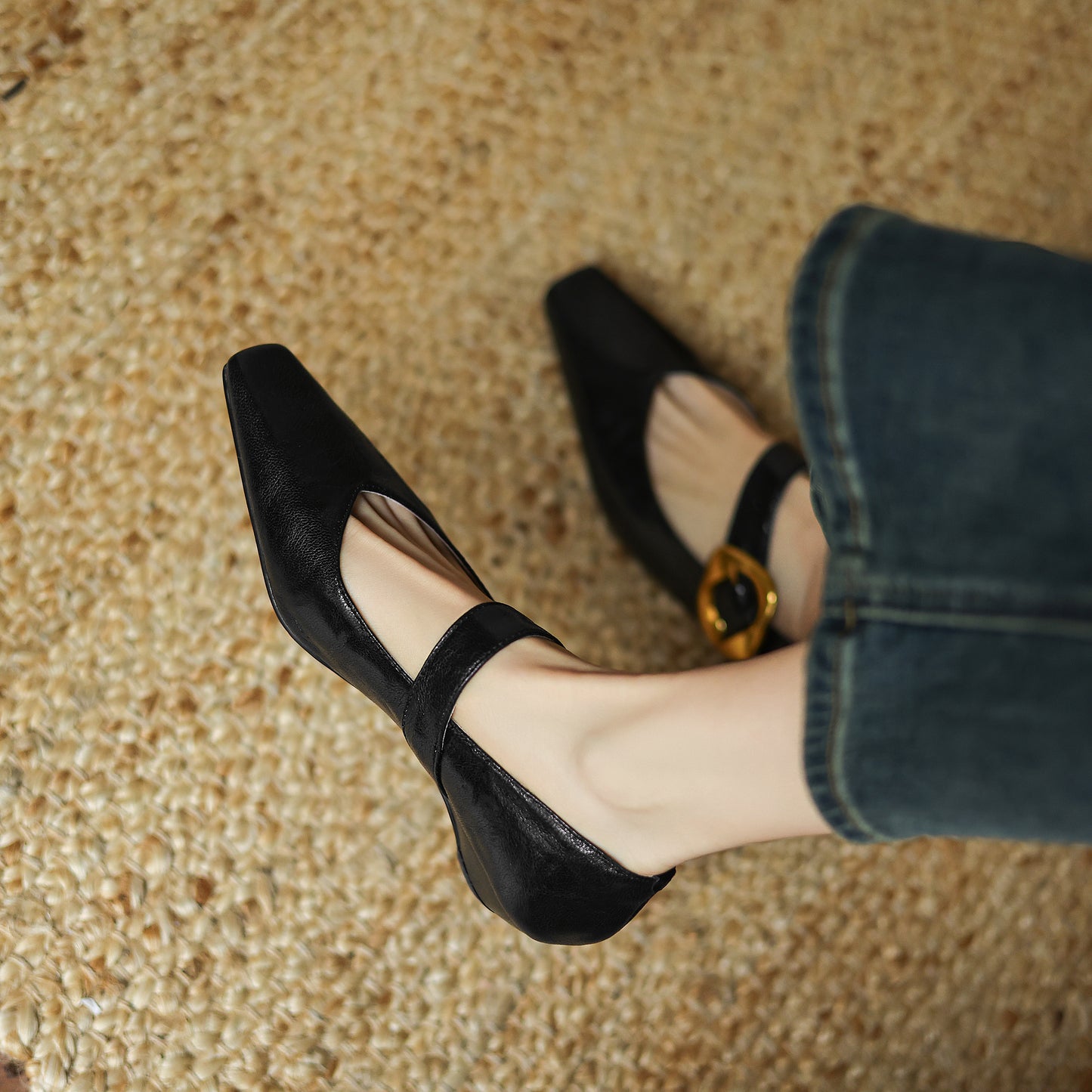 TinaCus Handmade Women's Genuine Leather Square Toe Metal Buckle Mary Jane Ballet Flats