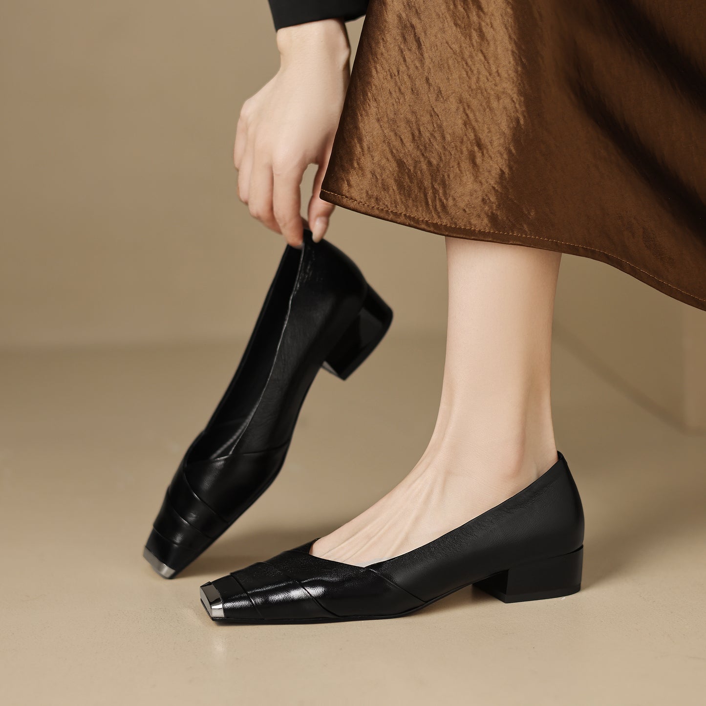 TinaCus Handmade Women's Genuine Leather Square Cap-Toe Low Block Heel Dress Pumps