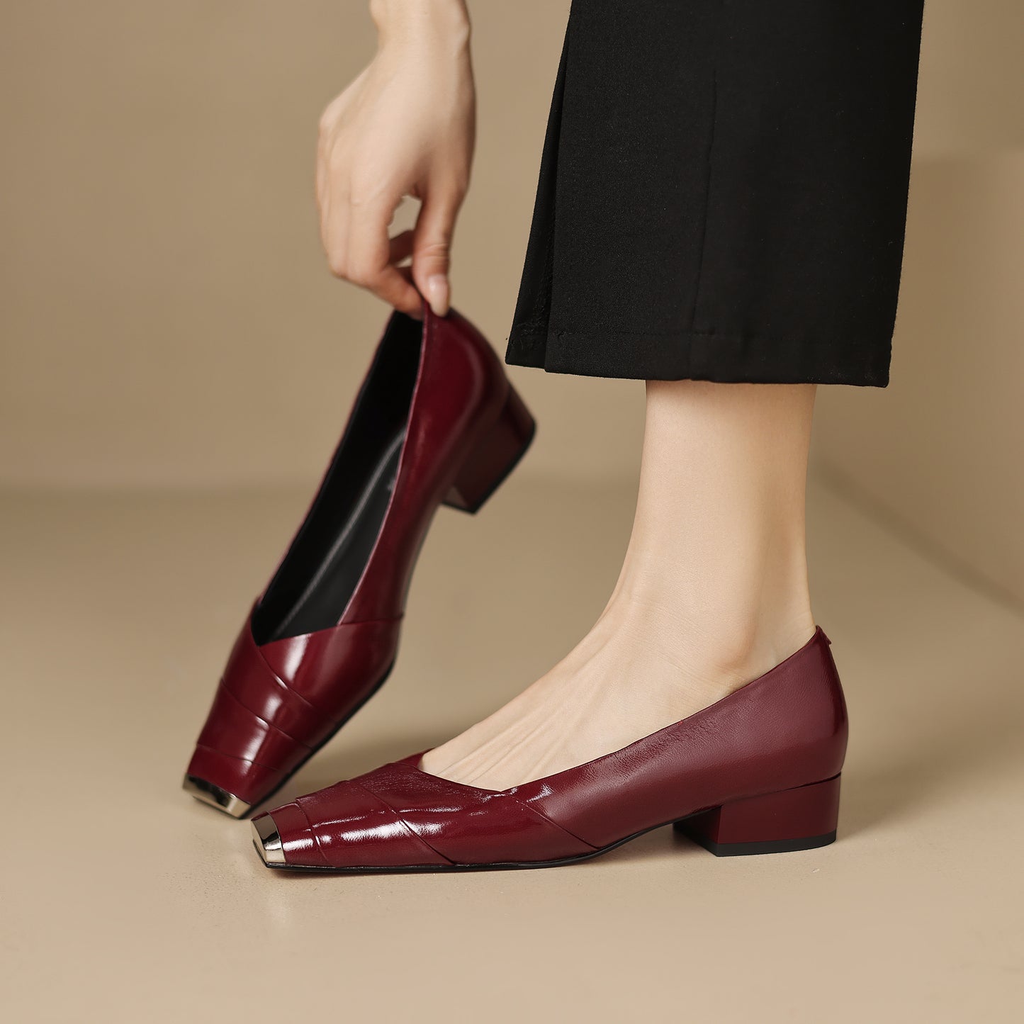 TinaCus Handmade Women's Genuine Leather Square Cap-Toe Low Block Heel Dress Pumps