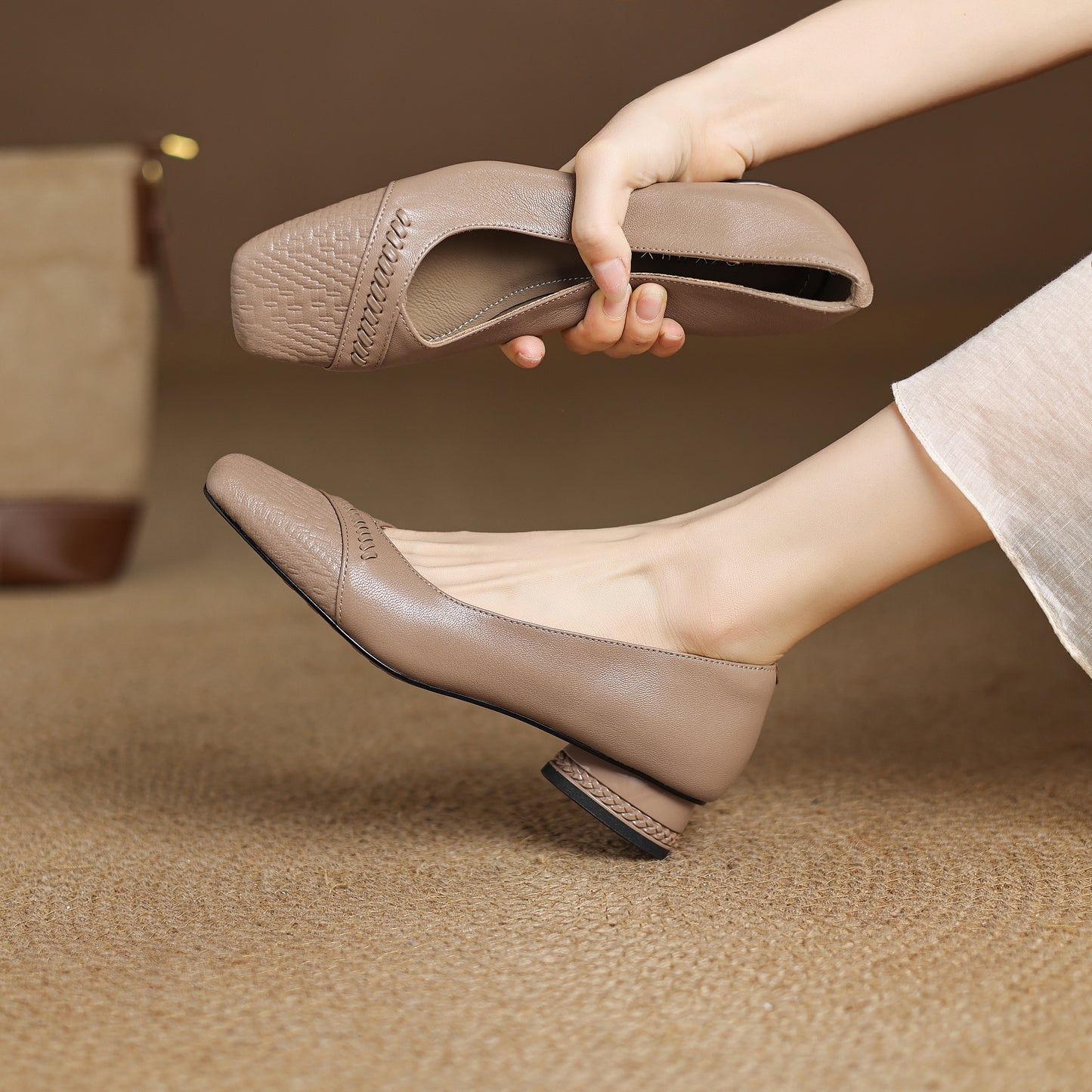 TinaCus Handmade Women's Genuine Leather Square Toe Stitching Chunky Heel Ballet Pump Shoes