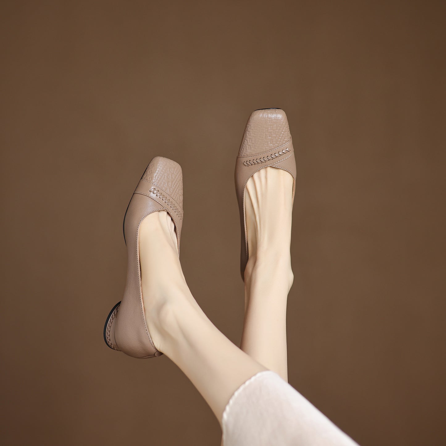 TinaCus Handmade Women's Genuine Leather Square Toe Stitching Chunky Heel Ballet Pump Shoes