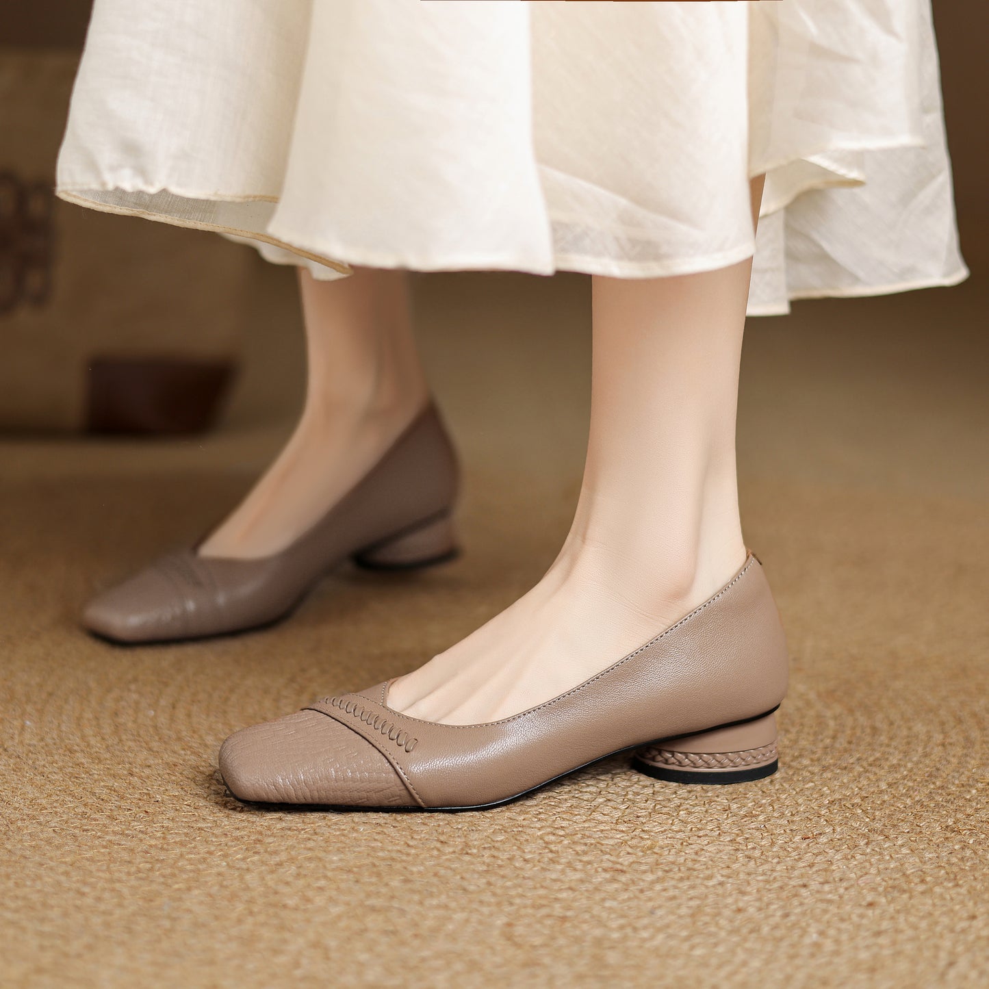 TinaCus Handmade Women's Genuine Leather Square Toe Stitching Chunky Heel Ballet Pump Shoes