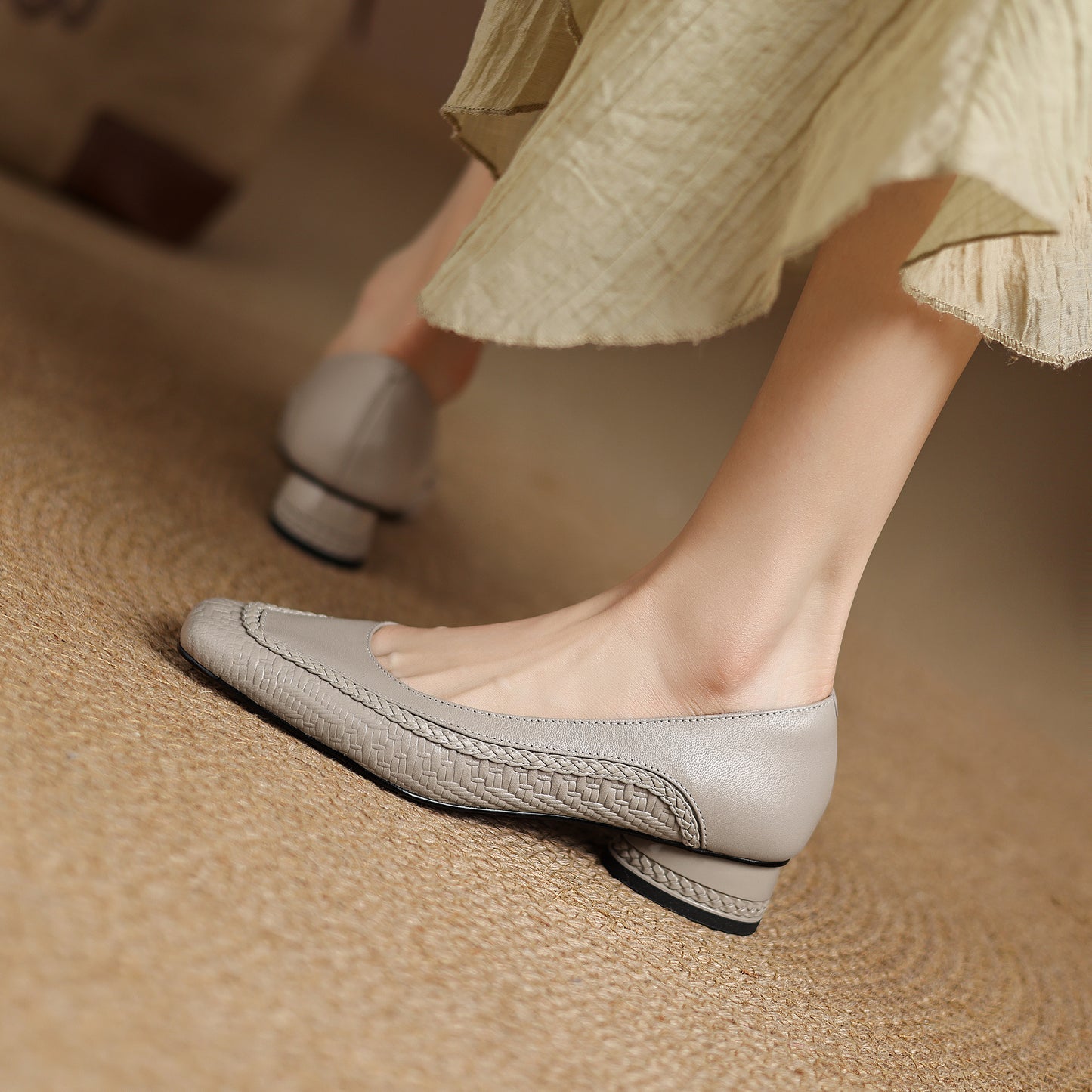 TinaCus Handmade Women's Genuine Leather Square Toe Braided Chunky Heel Slip On Pump Shoes