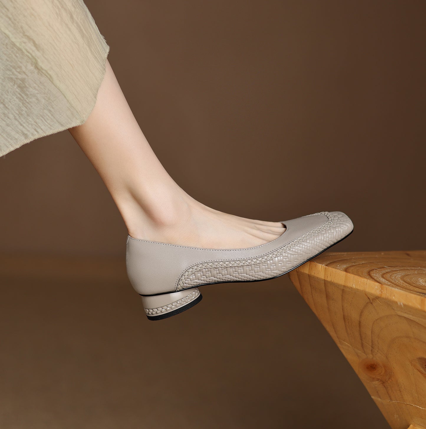 TinaCus Handmade Women's Genuine Leather Square Toe Braided Chunky Heel Slip On Pump Shoes