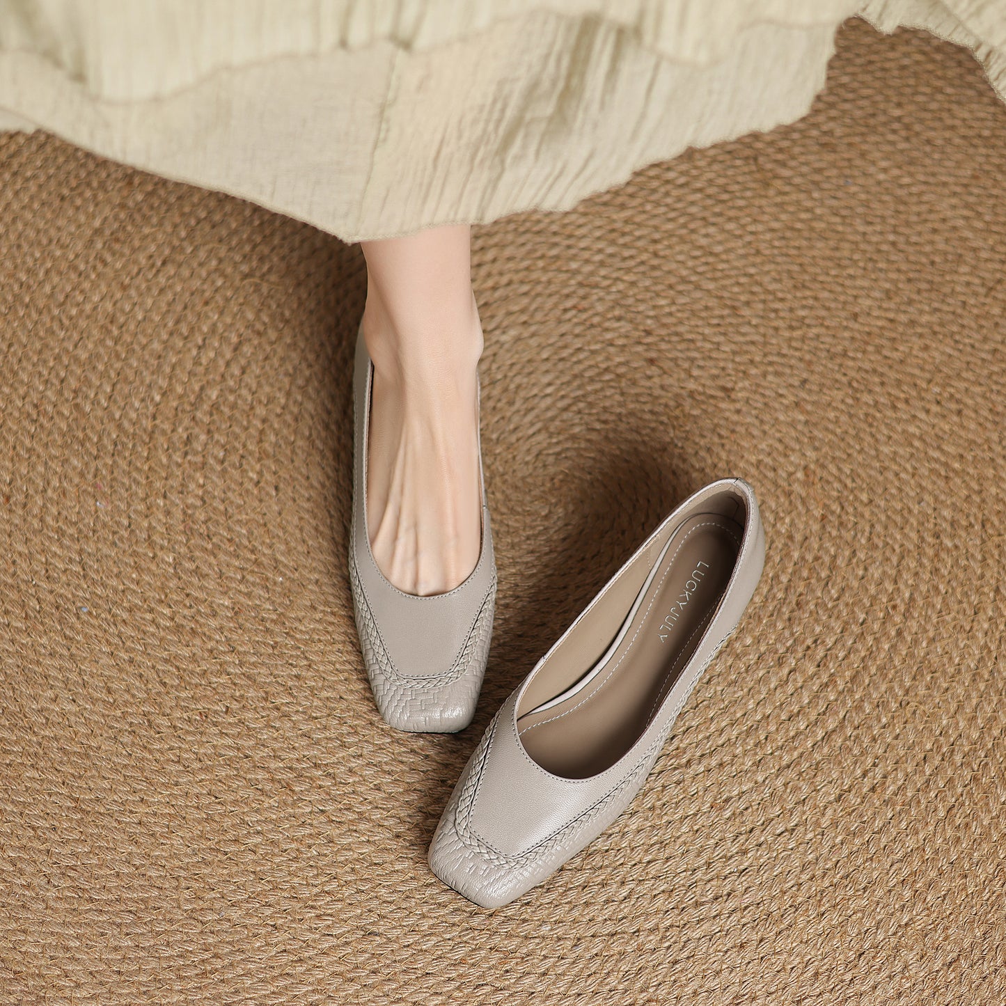 TinaCus Handmade Women's Genuine Leather Square Toe Braided Chunky Heel Slip On Pump Shoes