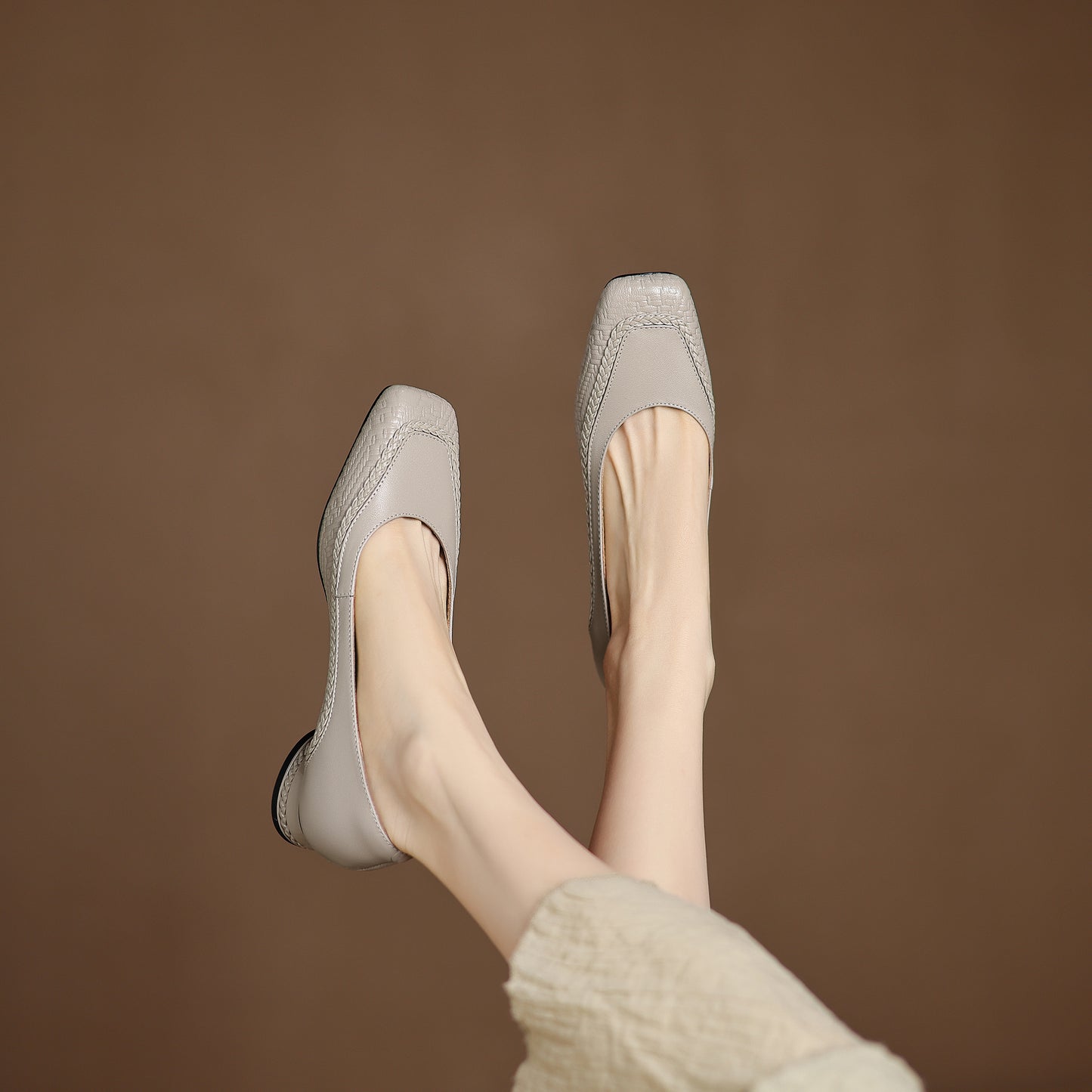 TinaCus Handmade Women's Genuine Leather Square Toe Braided Chunky Heel Slip On Pump Shoes