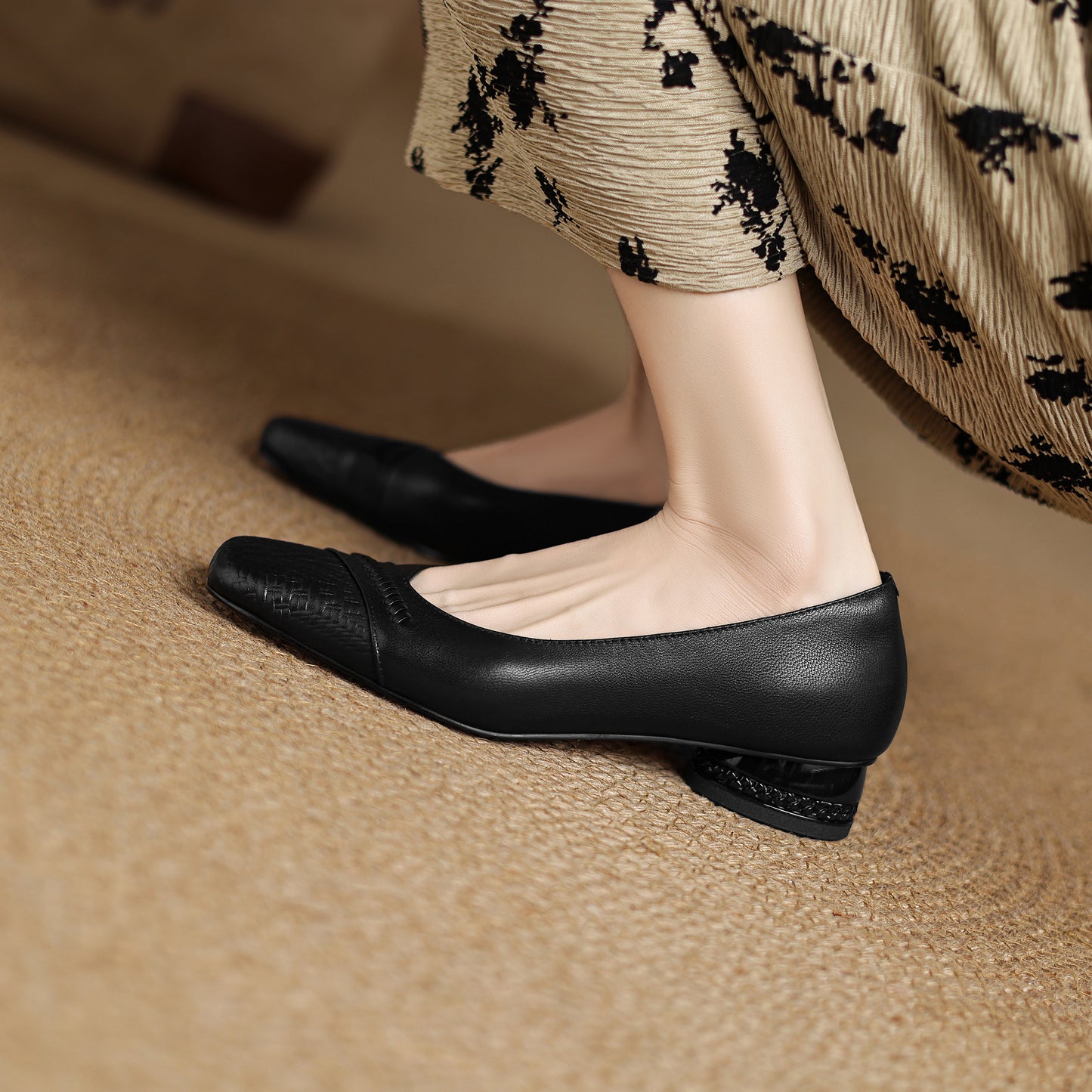 TinaCus Handmade Women's Genuine Leather Square Toe Stitching Chunky Heel Ballet Pump Shoes