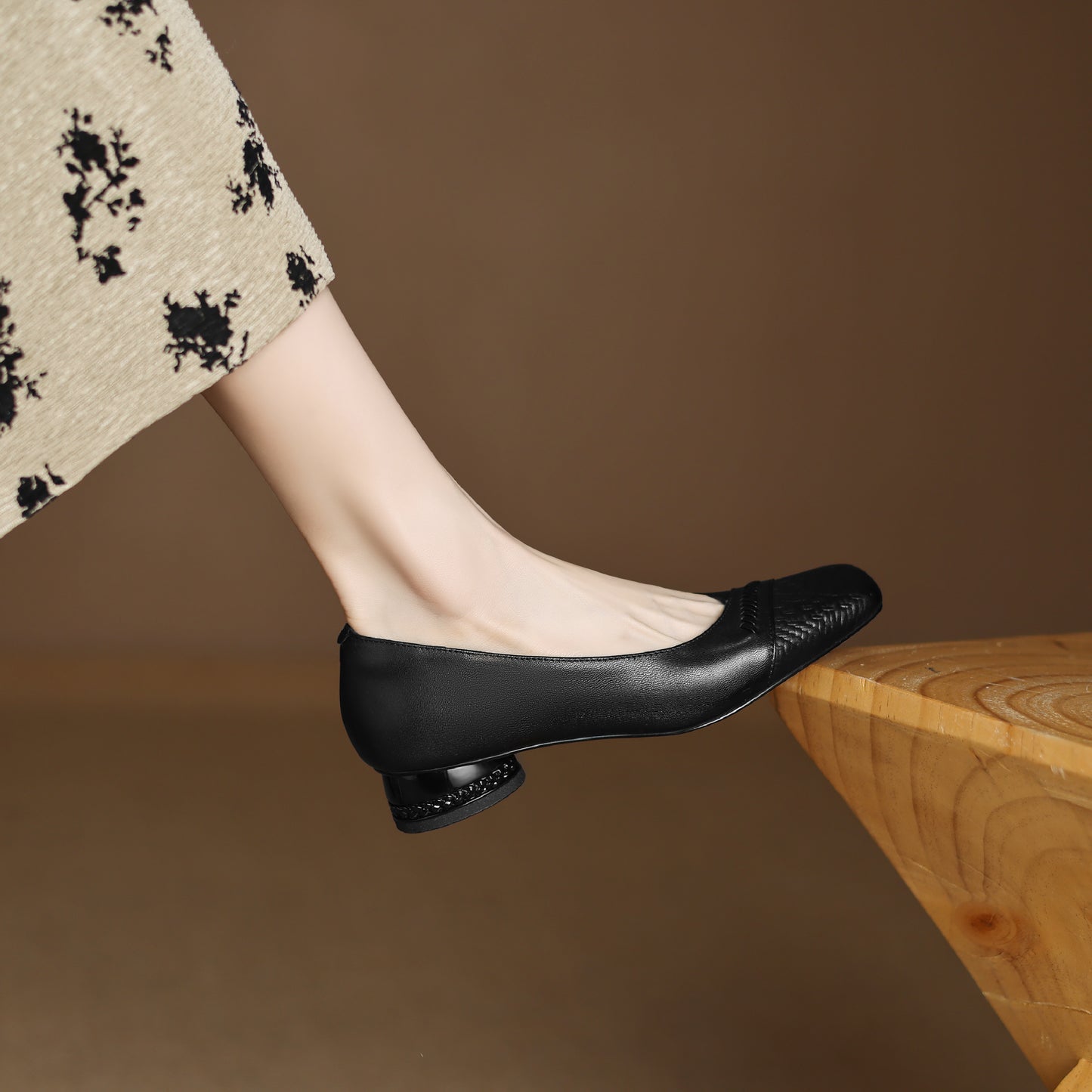 TinaCus Handmade Women's Genuine Leather Square Toe Stitching Chunky Heel Ballet Pump Shoes