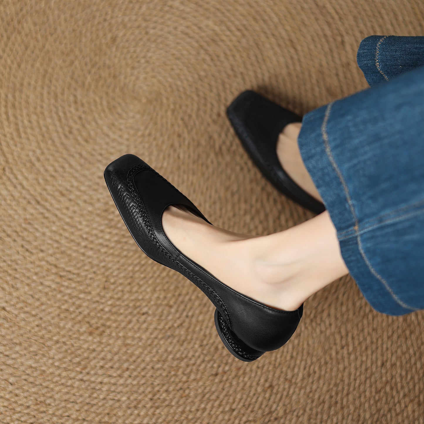 TinaCus Handmade Women's Genuine Leather Square Toe Braided Chunky Heel Slip On Pump Shoes