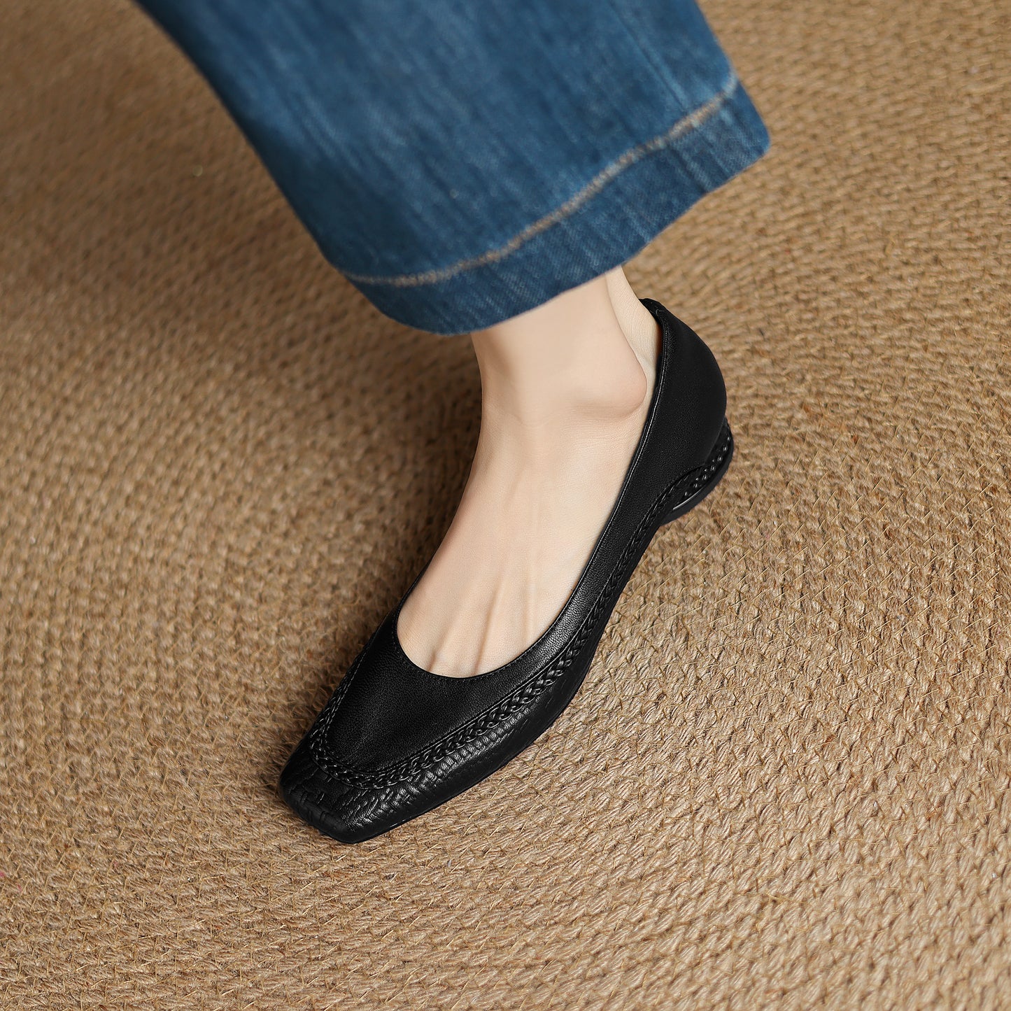 TinaCus Handmade Women's Genuine Leather Square Toe Braided Chunky Heel Slip On Pump Shoes