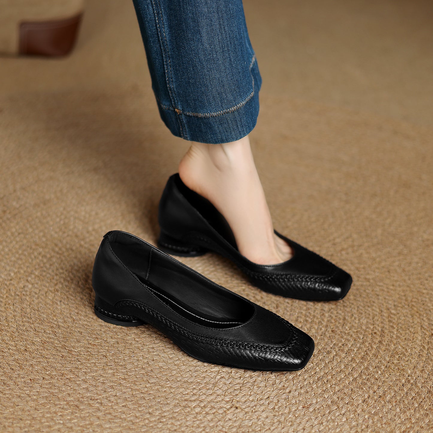 TinaCus Handmade Women's Genuine Leather Square Toe Braided Chunky Heel Slip On Pump Shoes