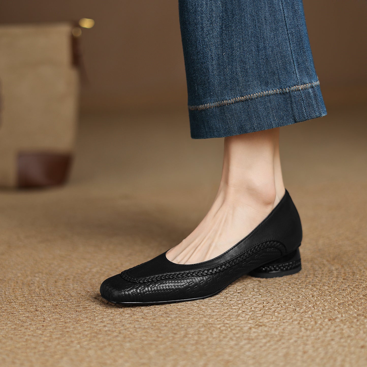 TinaCus Handmade Women's Genuine Leather Square Toe Braided Chunky Heel Slip On Pump Shoes