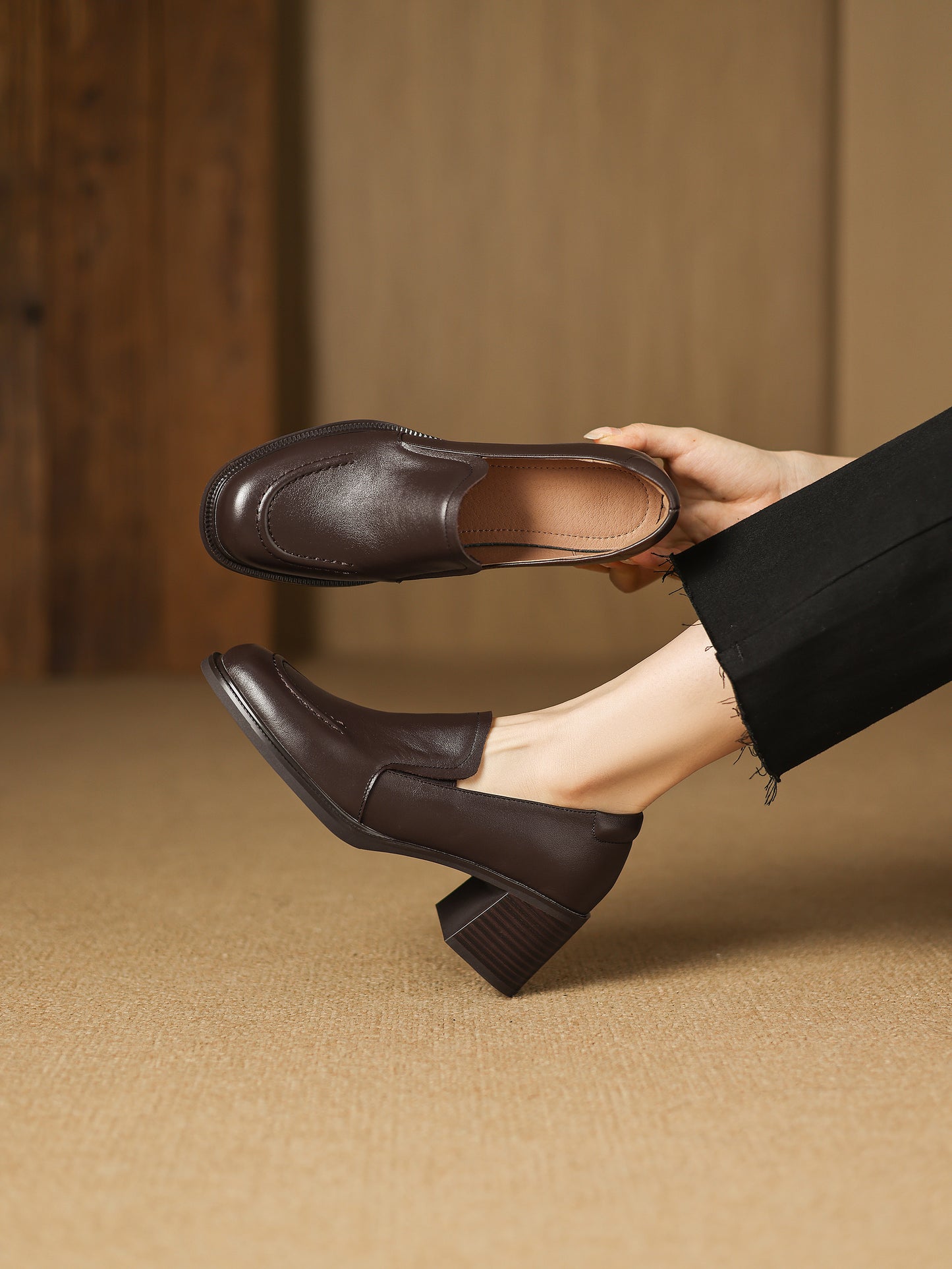 TinaCus Handmade Women's Genuine Leather Closed Toe Slip-on mid Block Heel Business Loafer Shoes