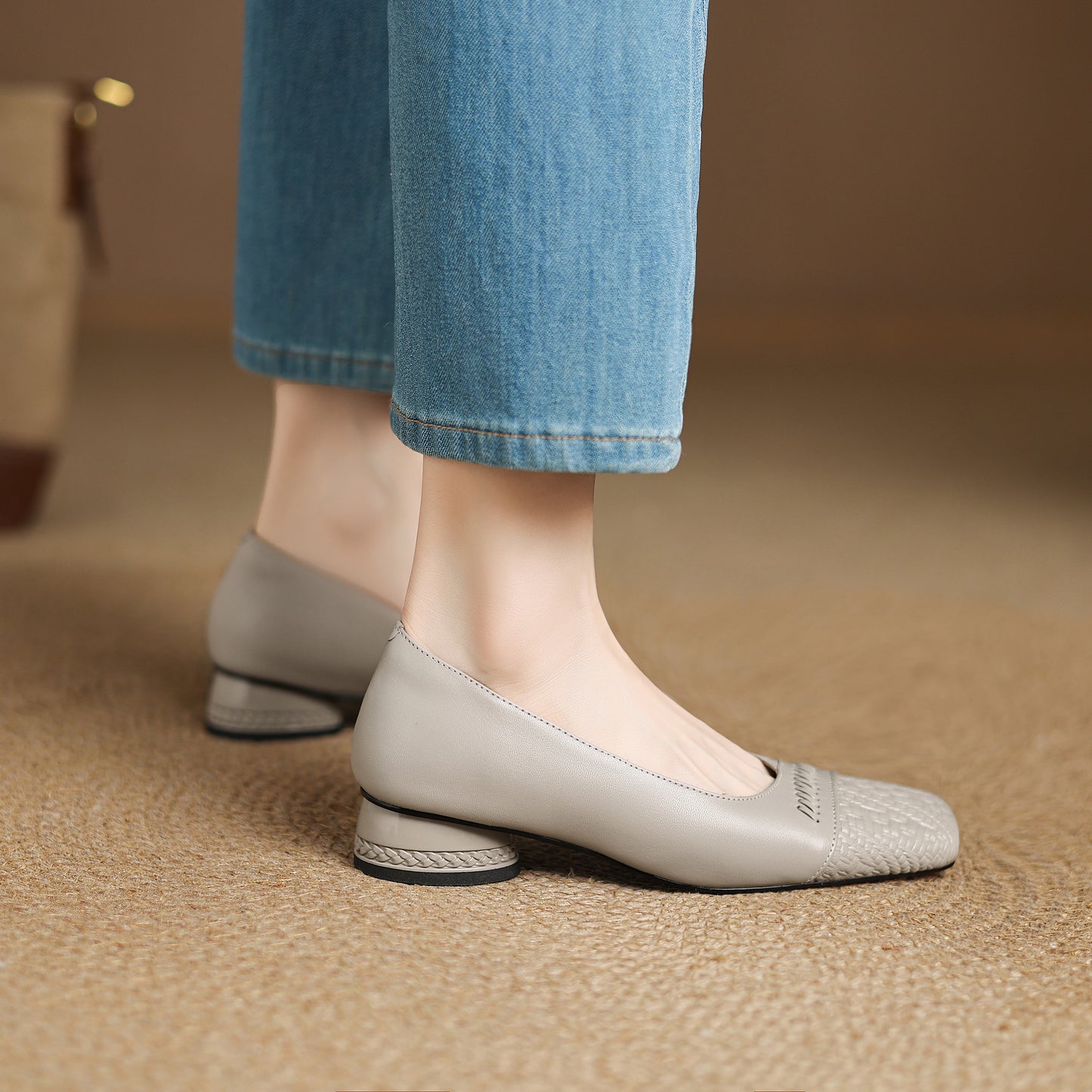 TinaCus Handmade Women's Genuine Leather Square Toe Stitching Chunky Heel Ballet Pump Shoes