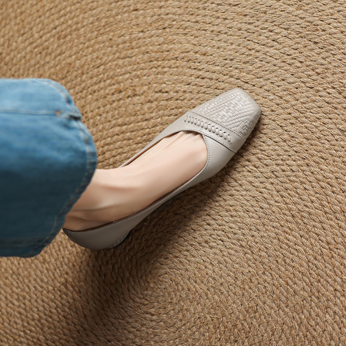 TinaCus Handmade Women's Genuine Leather Square Toe Stitching Chunky Heel Ballet Pump Shoes