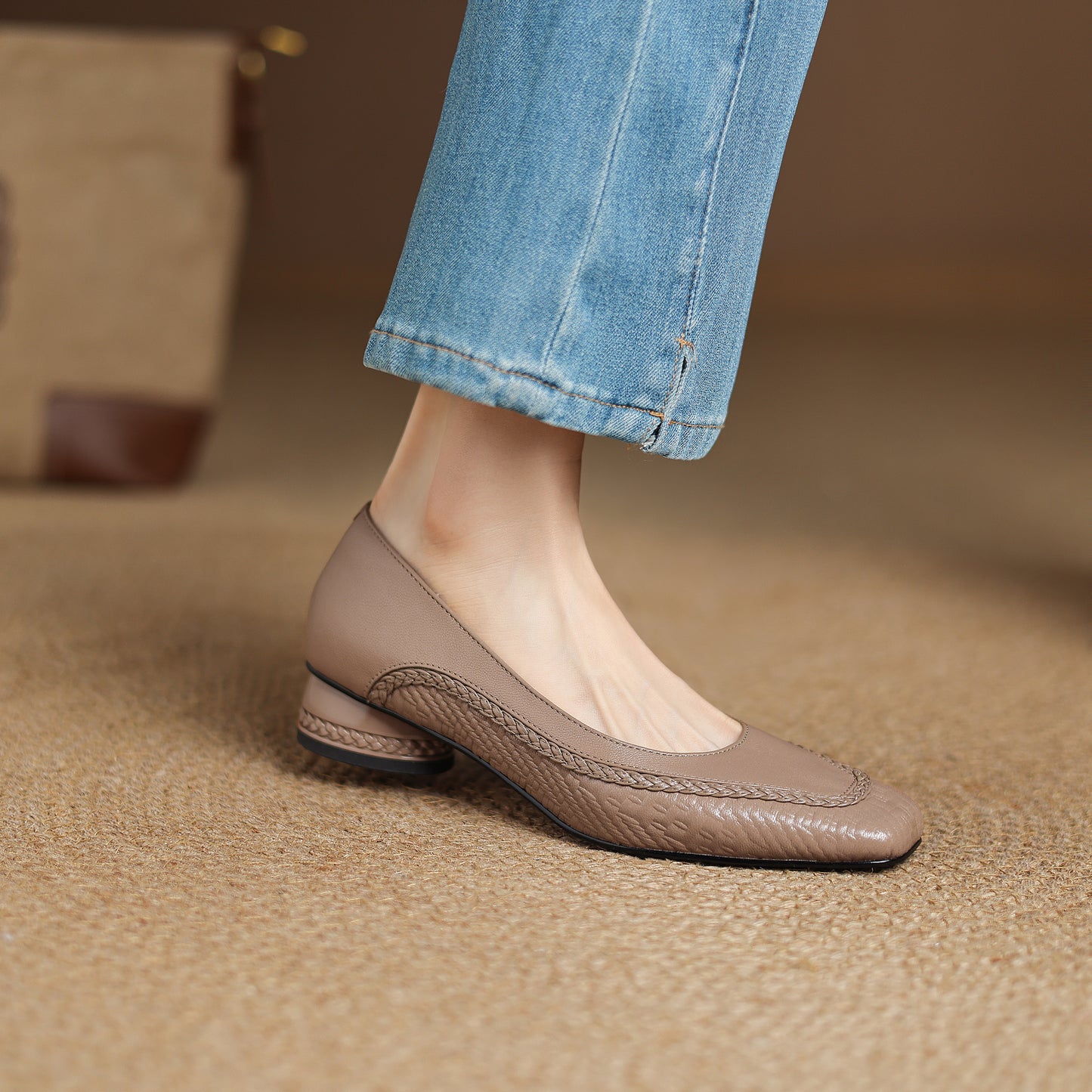 TinaCus Handmade Women's Genuine Leather Square Toe Braided Chunky Heel Slip On Pump Shoes