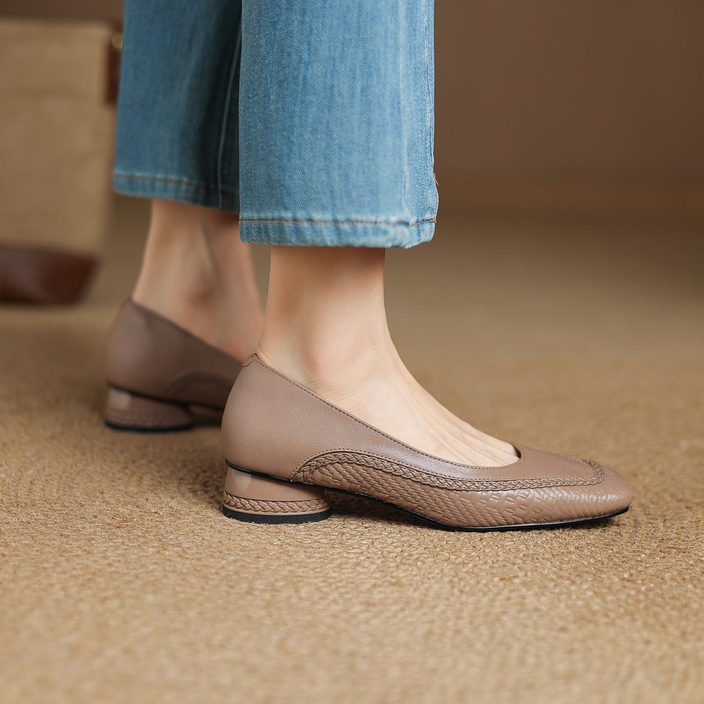 TinaCus Handmade Women's Genuine Leather Square Toe Braided Chunky Heel Slip On Pump Shoes