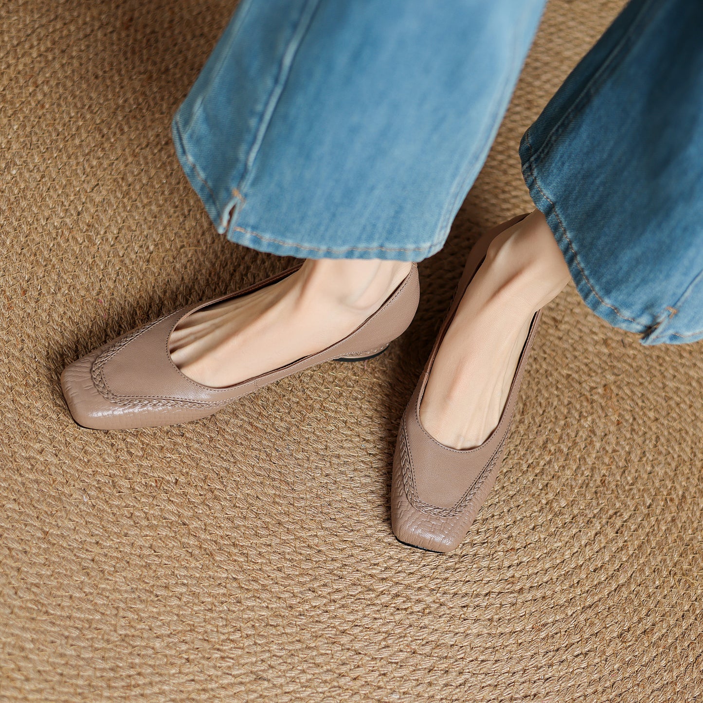 TinaCus Handmade Women's Genuine Leather Square Toe Braided Chunky Heel Slip On Pump Shoes