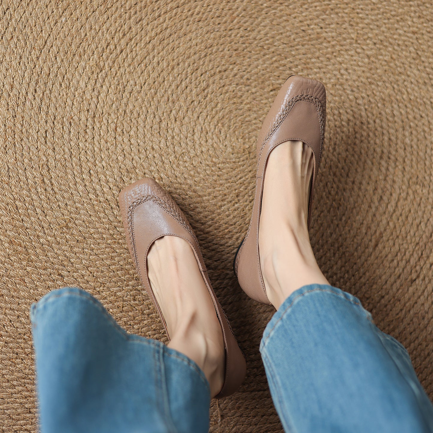 TinaCus Handmade Women's Genuine Leather Square Toe Braided Chunky Heel Slip On Pump Shoes