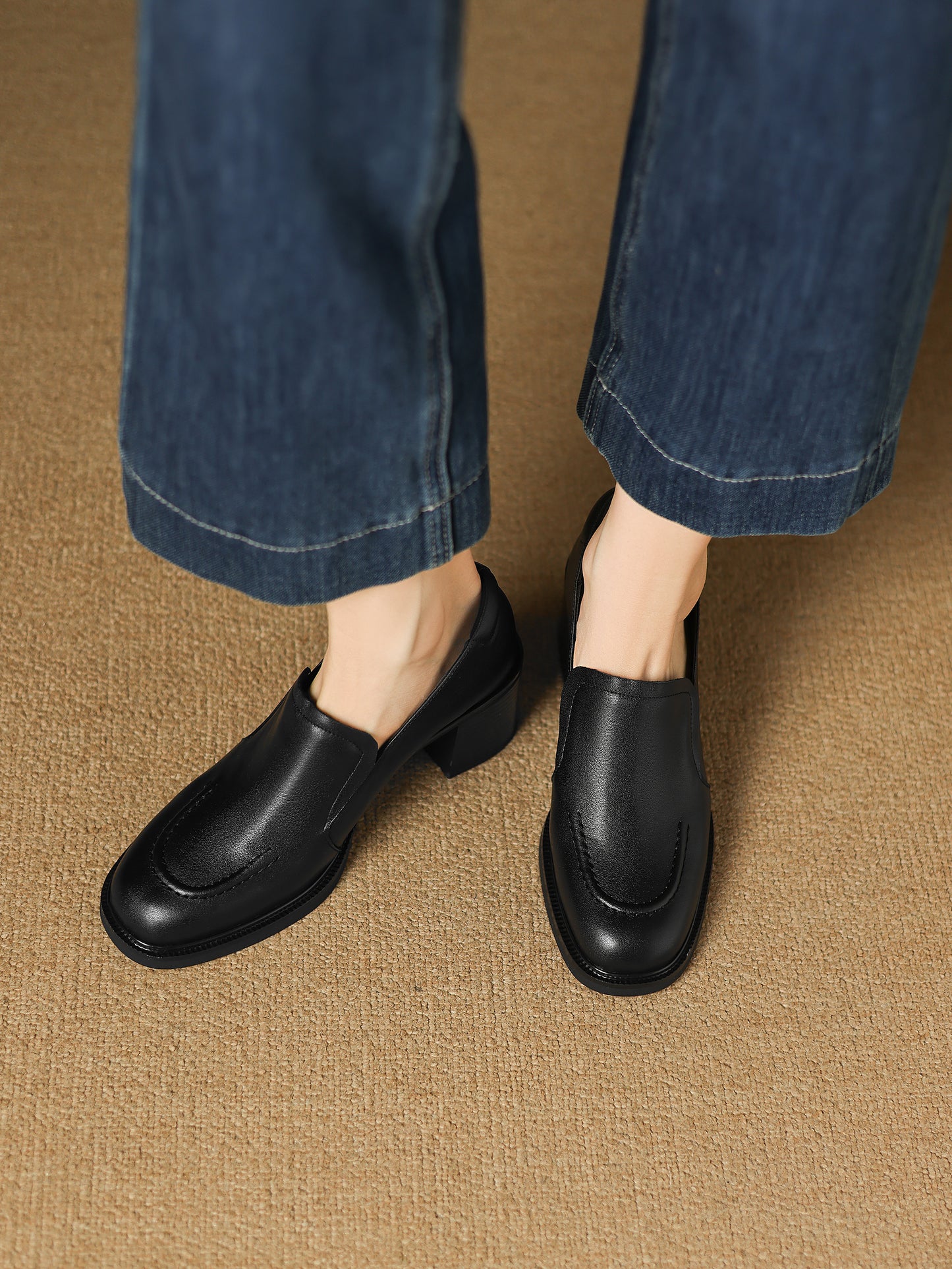 TinaCus Handmade Women's Genuine Leather Closed Toe Slip-on mid Block Heel Business Loafer Shoes