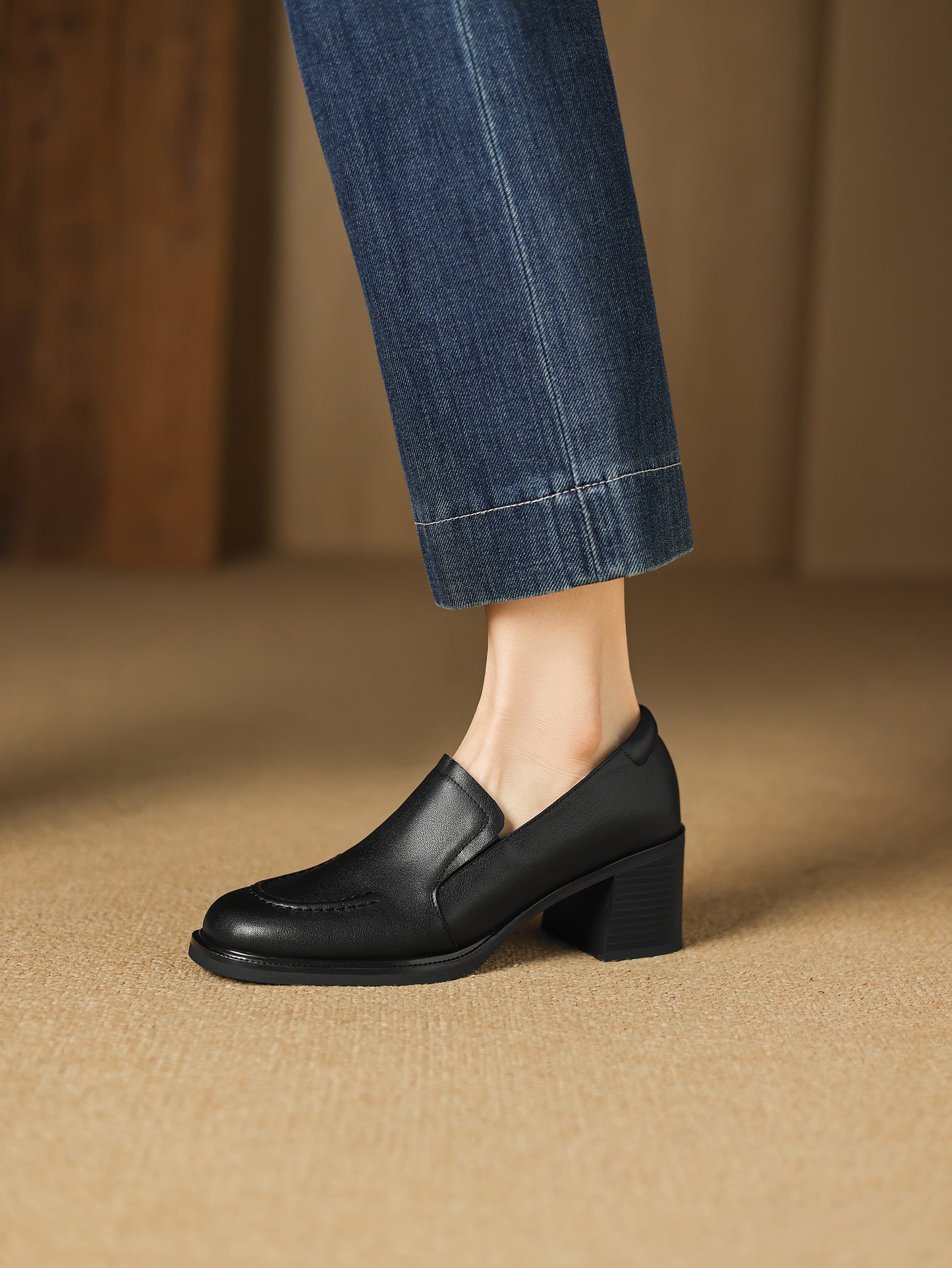 TinaCus Handmade Women's Genuine Leather Closed Toe Slip-on mid Block Heel Business Loafer Shoes