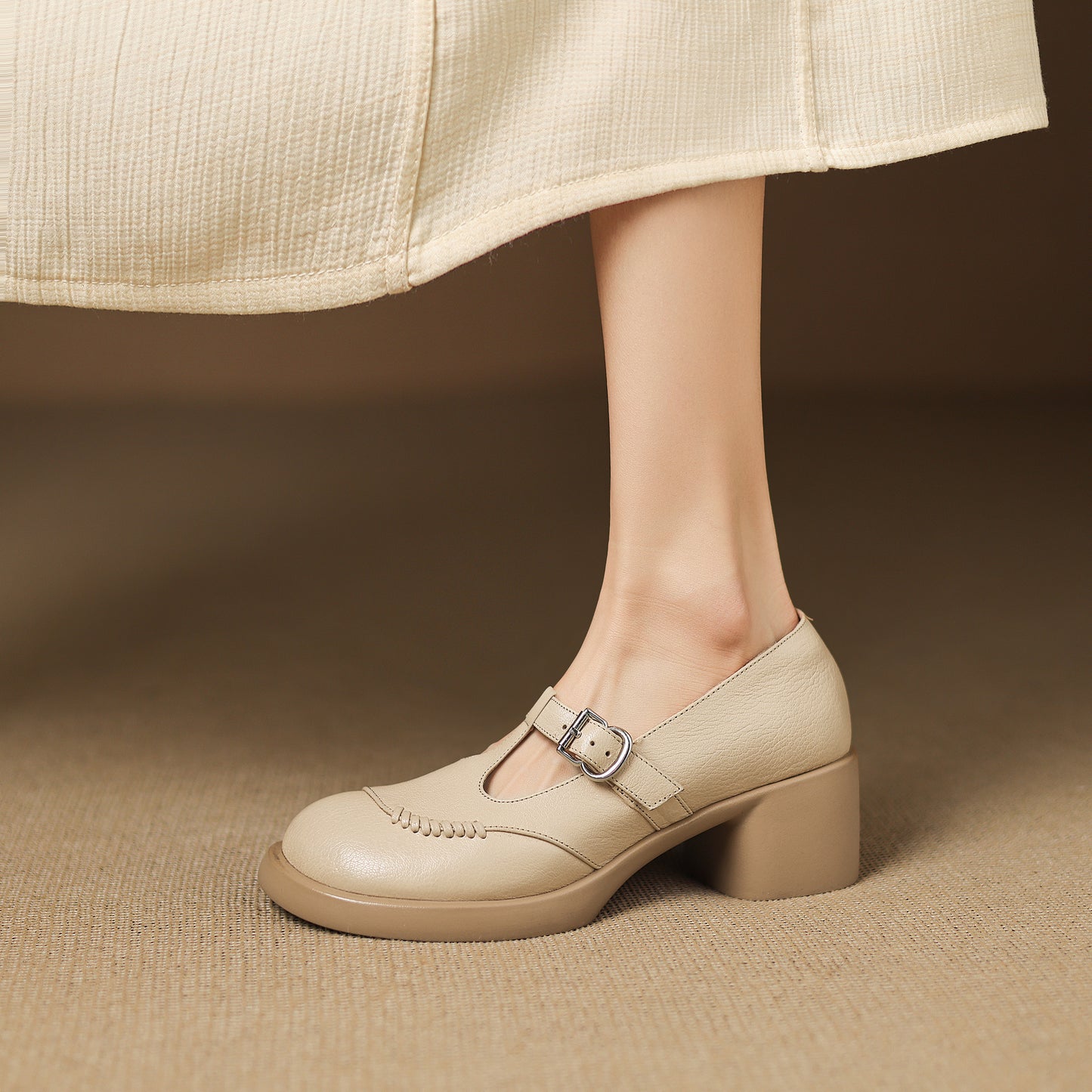 TinaCus Handmade Women's Genuine Leather Round Toe T-Strap Buckle Platform Casual Mary Jane Shoes