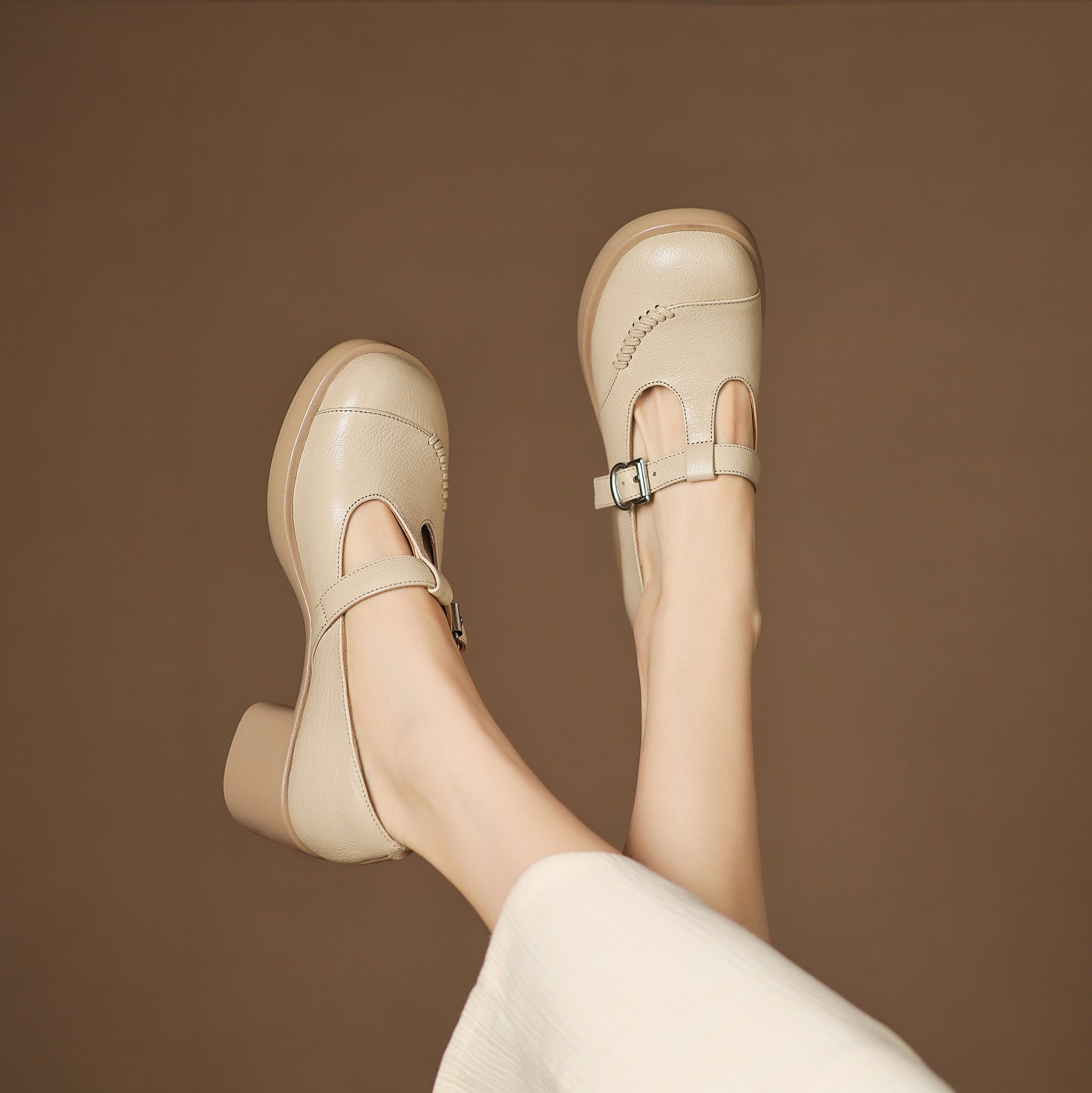 TinaCus Handmade Women's Genuine Leather Round Toe T-Strap Buckle Platform Casual Mary Jane Shoes