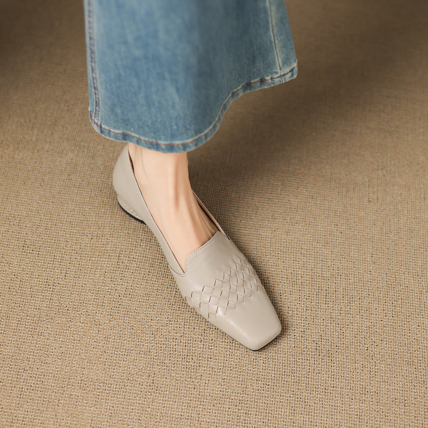 TinaCus Handmade Women's Genuine Leather Square Toe Woven Chunky Heel Slip-On Office Loafer Shoes