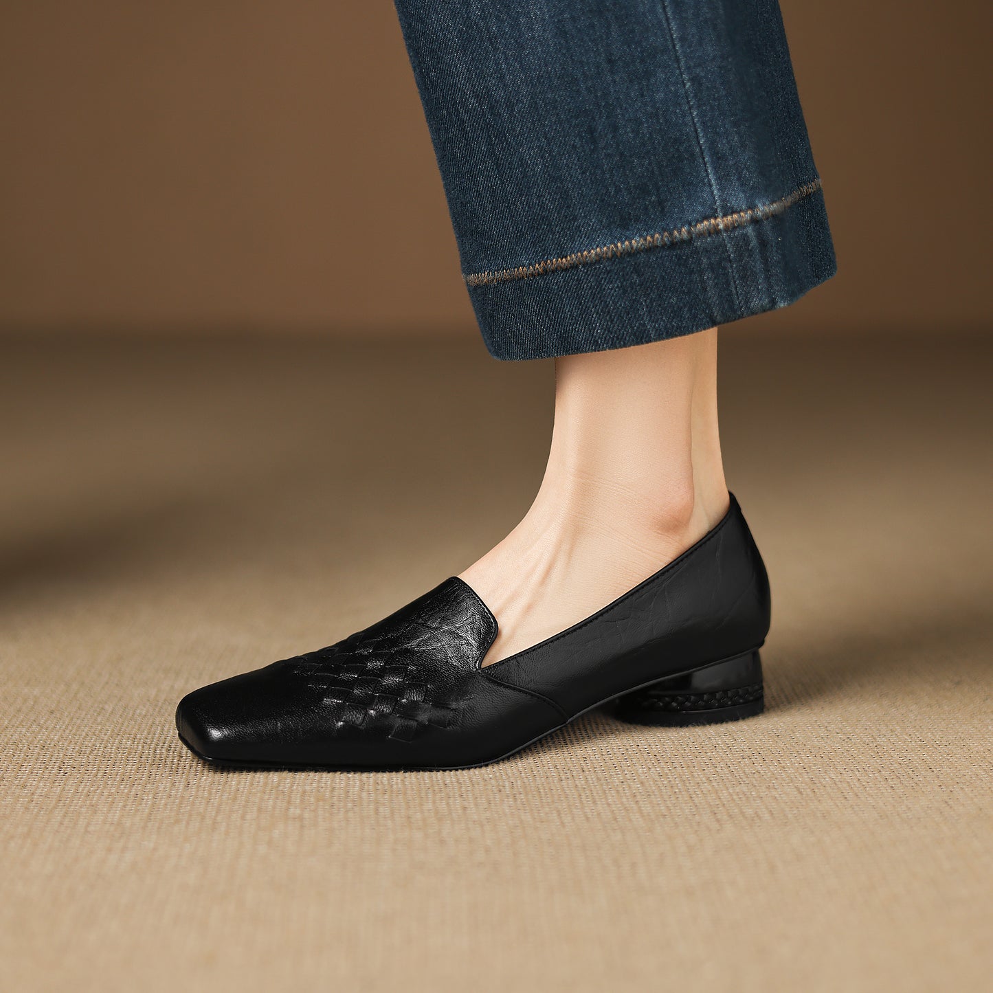 TinaCus Handmade Women's Genuine Leather Square Toe Woven Chunky Heel Slip-On Office Loafer Shoes