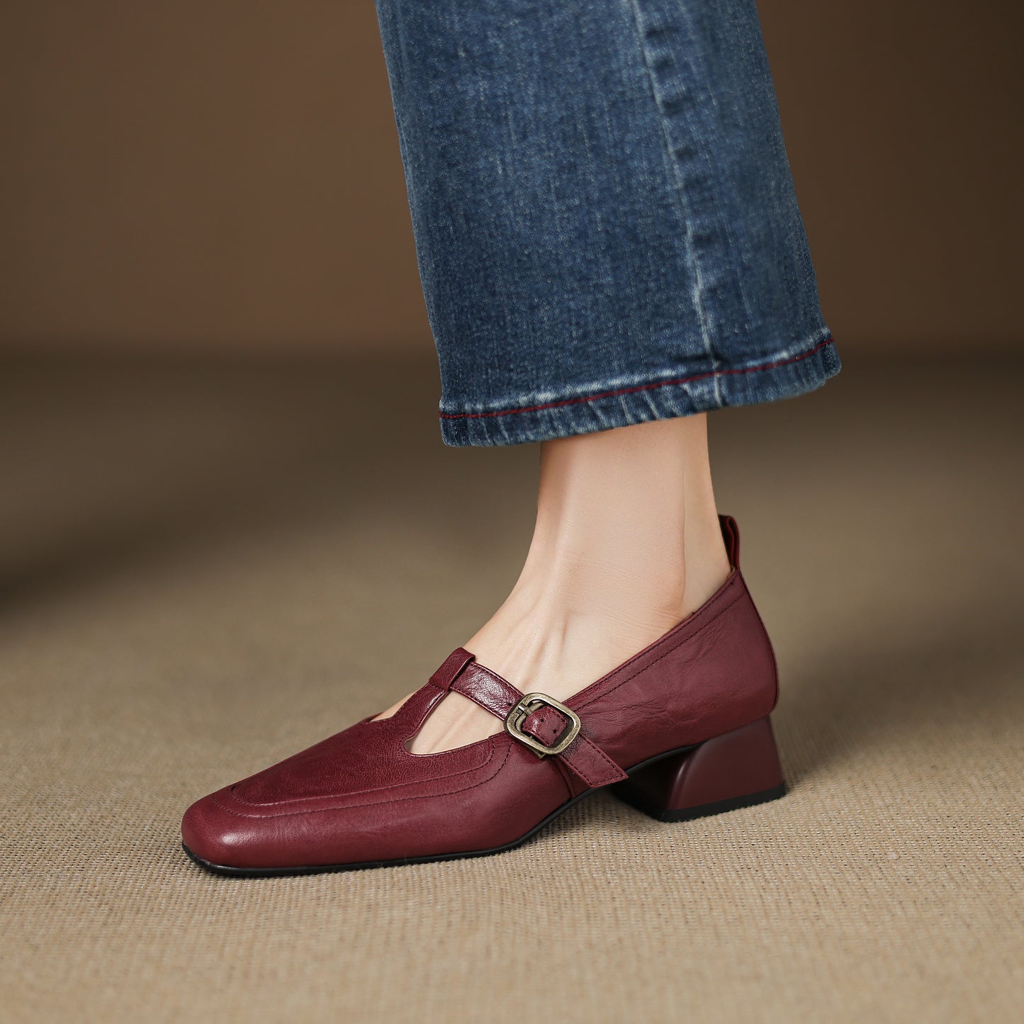 TinaCus Handmade Women's Genuine Leather Square Toe Slip On T-Strap Buckle Low Heel Office Loafer Shoes