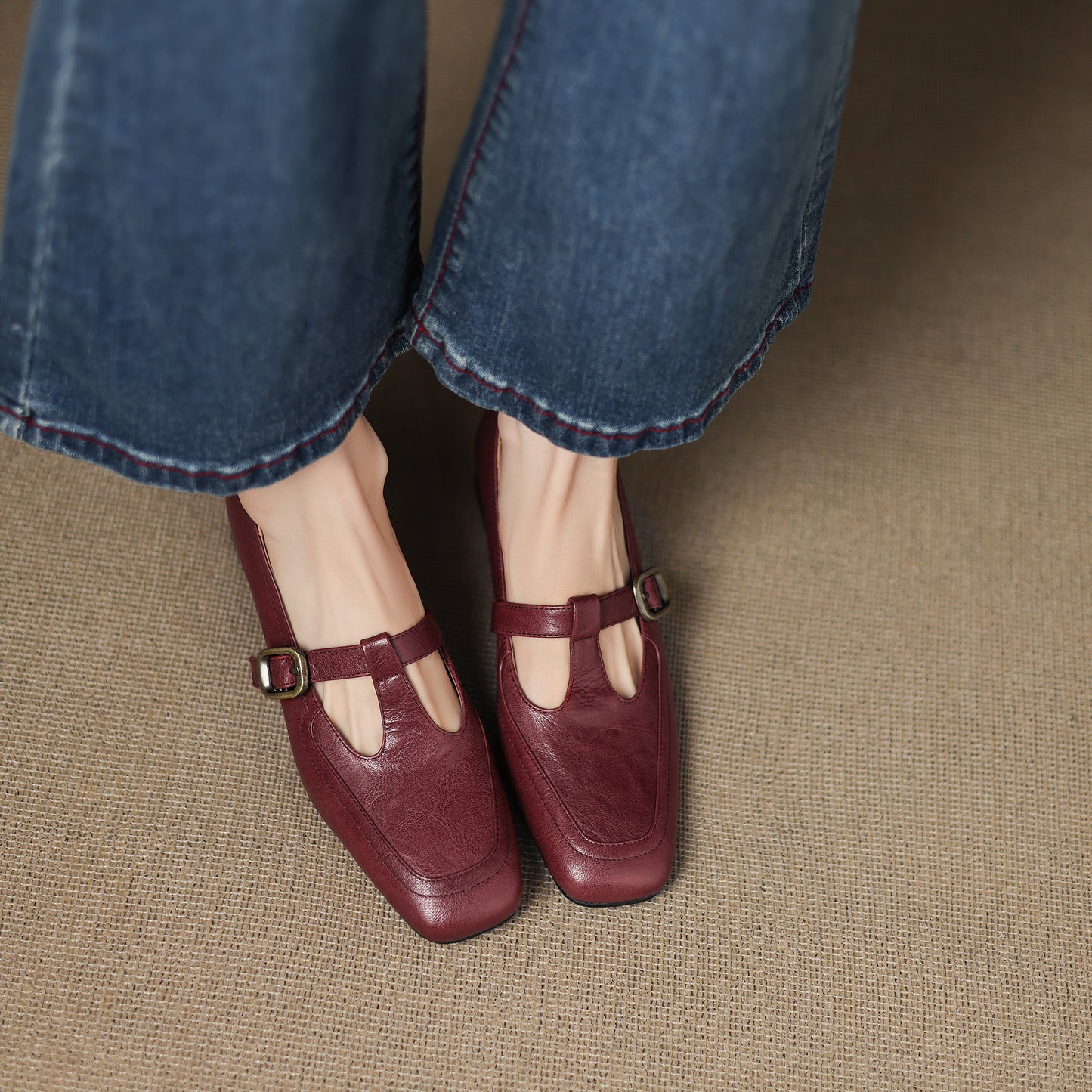 TinaCus Handmade Women's Genuine Leather Square Toe Slip On T-Strap Buckle Low Heel Office Loafer Shoes