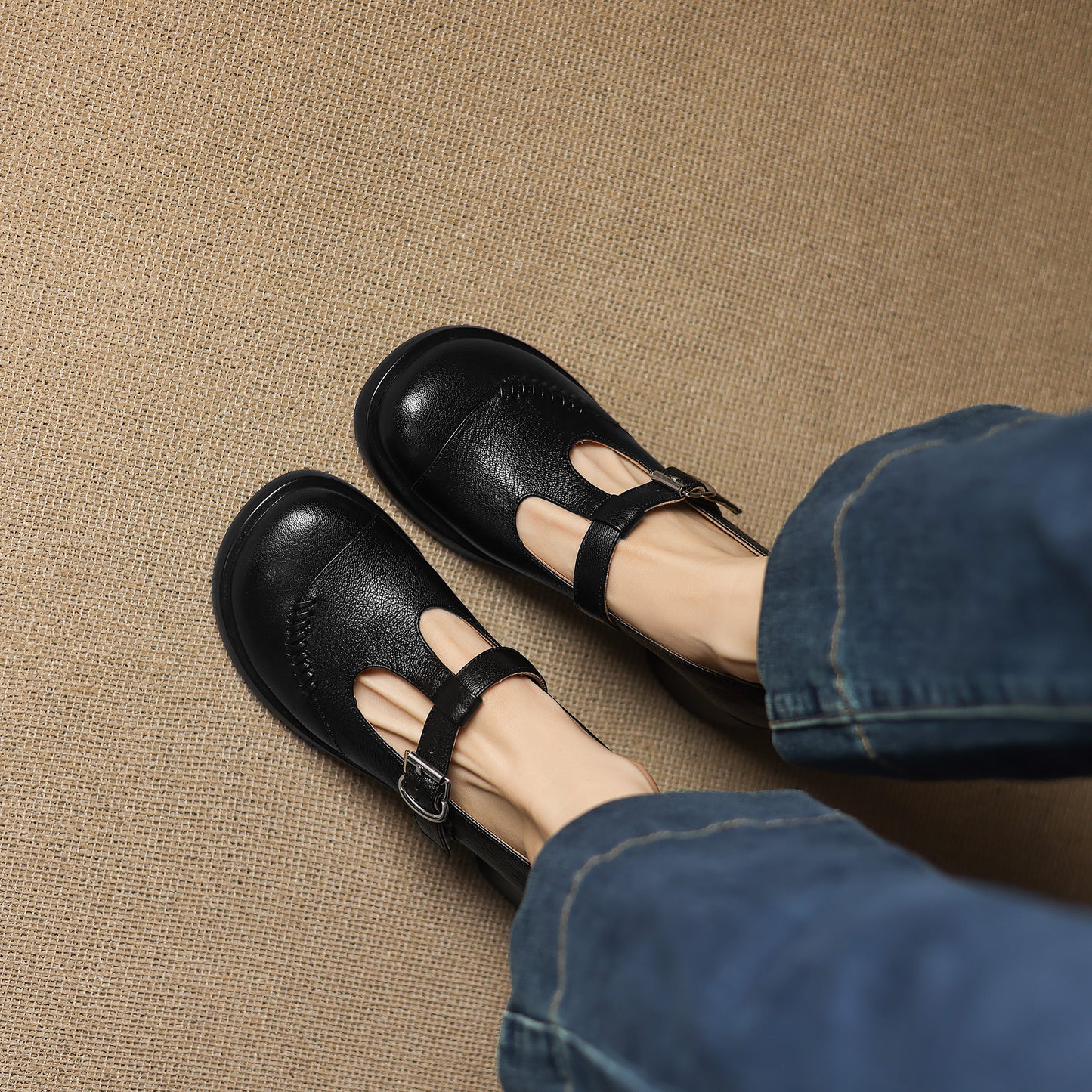 TinaCus Handmade Women's Genuine Leather Round Toe T-Strap Buckle Platform Casual Mary Jane Shoes