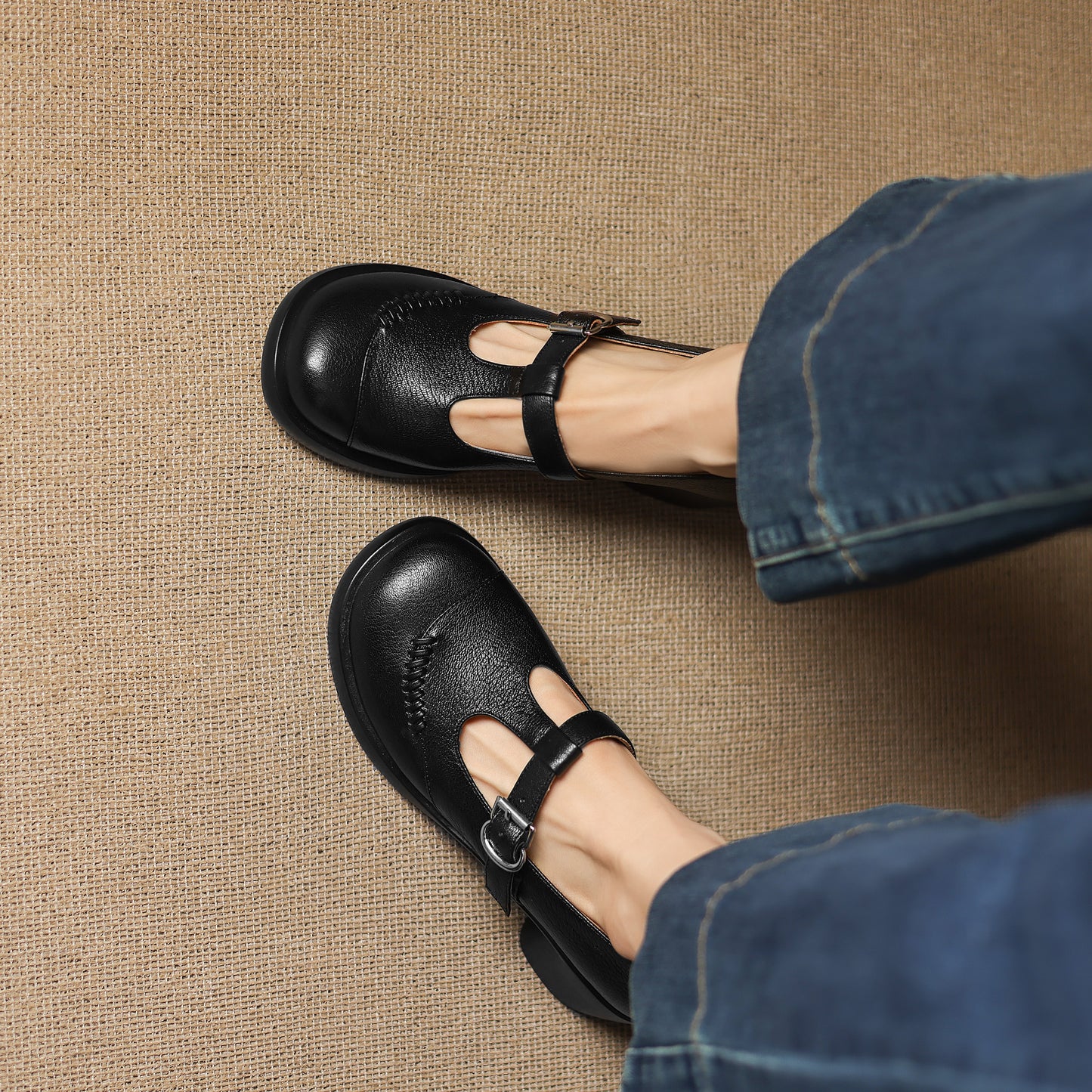 TinaCus Handmade Women's Genuine Leather Round Toe T-Strap Buckle Platform Casual Mary Jane Shoes