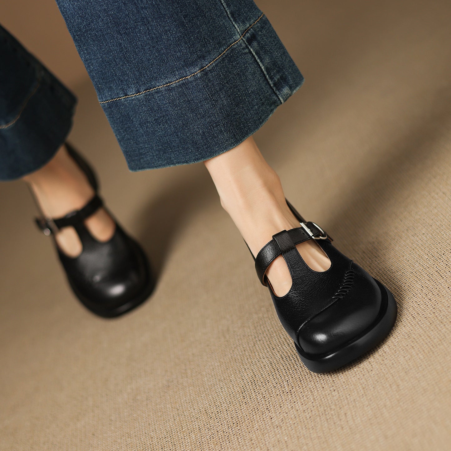 TinaCus Handmade Women's Genuine Leather Round Toe T-Strap Buckle Platform Casual Mary Jane Shoes