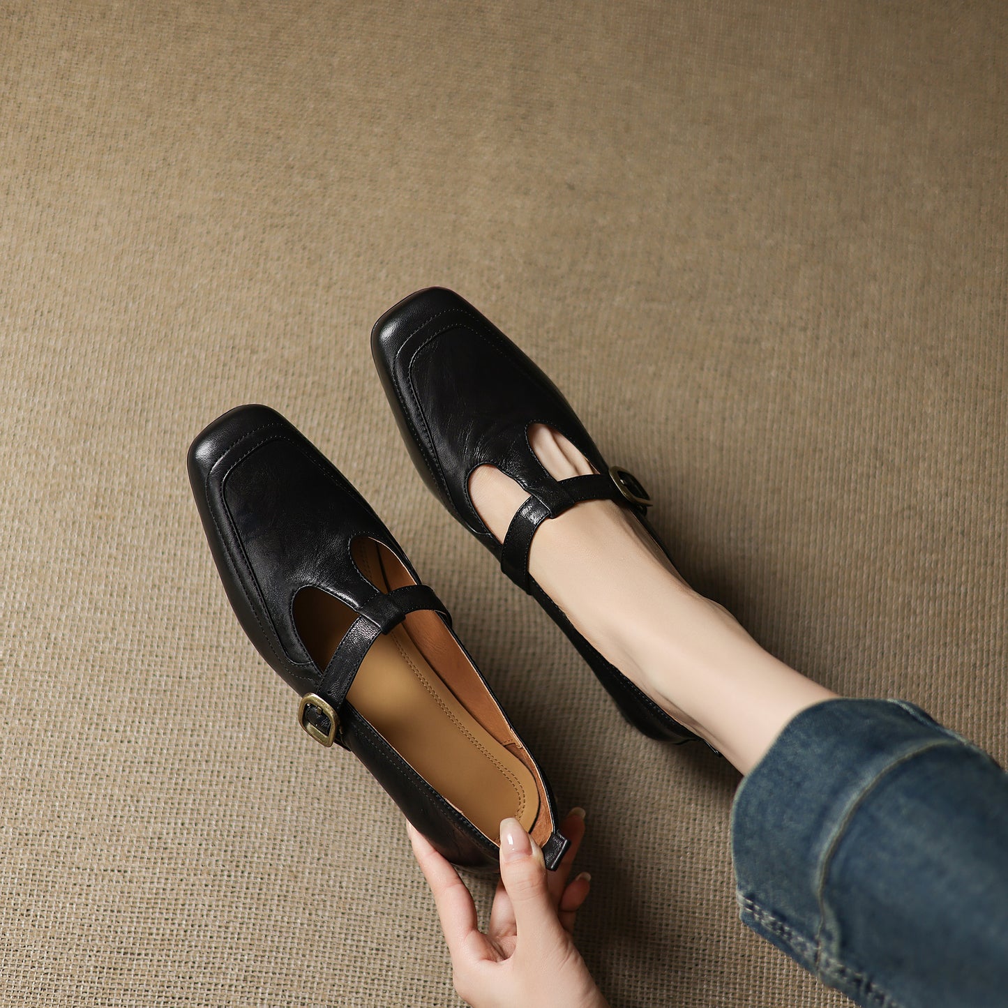 TinaCus Handmade Women's Genuine Leather Square Toe Slip On T-Strap Buckle Low Heel Office Loafer Shoes