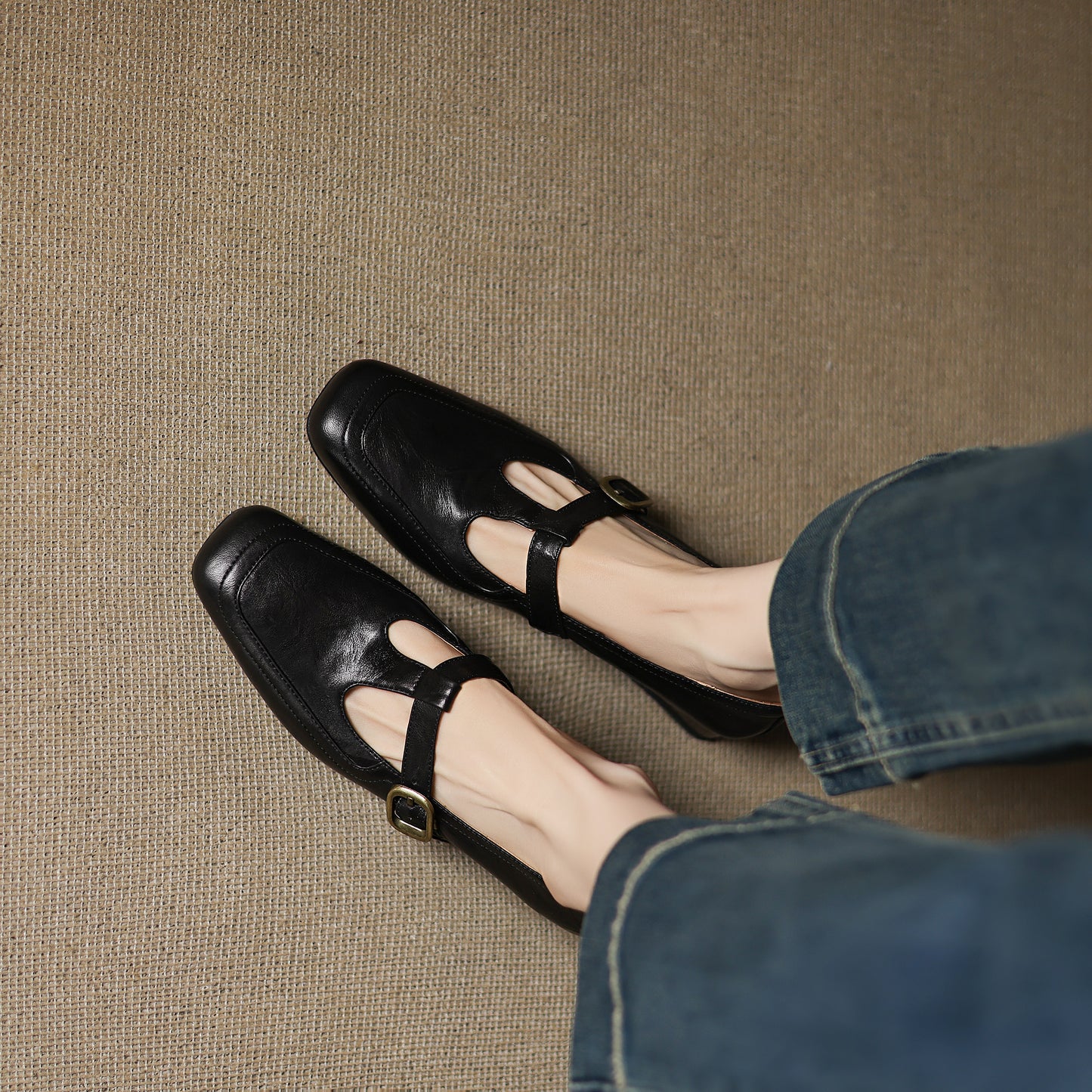 TinaCus Handmade Women's Genuine Leather Square Toe Slip On T-Strap Buckle Low Heel Office Loafer Shoes