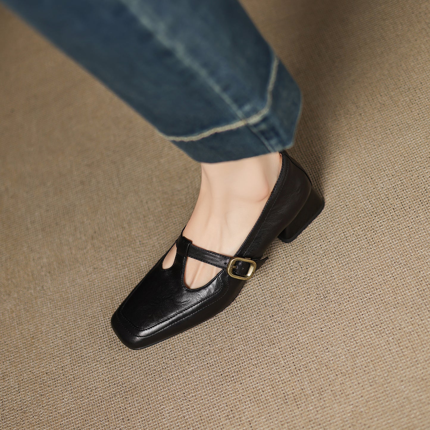 TinaCus Handmade Women's Genuine Leather Square Toe Slip On T-Strap Buckle Low Heel Office Loafer Shoes