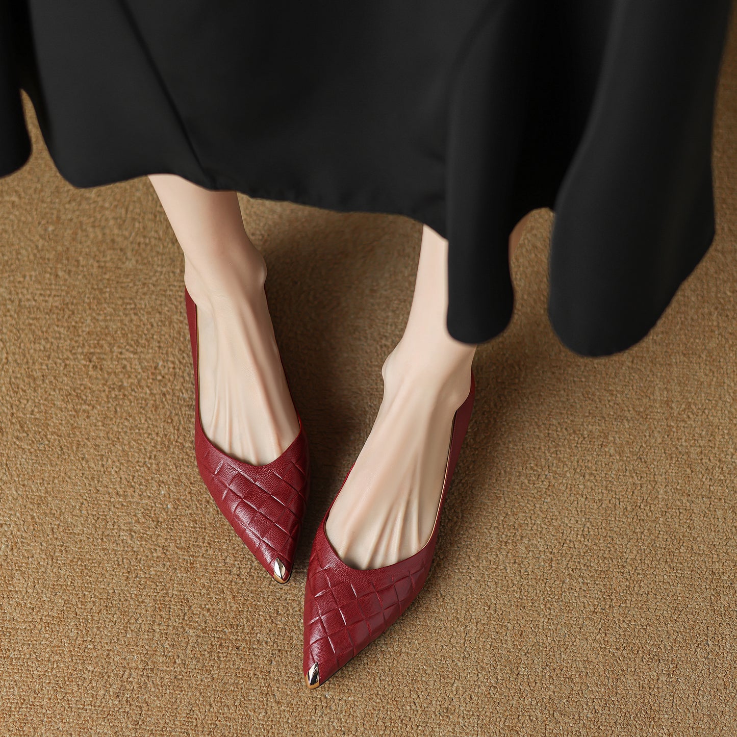 TinaCus Women's Genuine Leather Embossed Pointed Toe Slip-on Chunky Heel Pumps Shoes