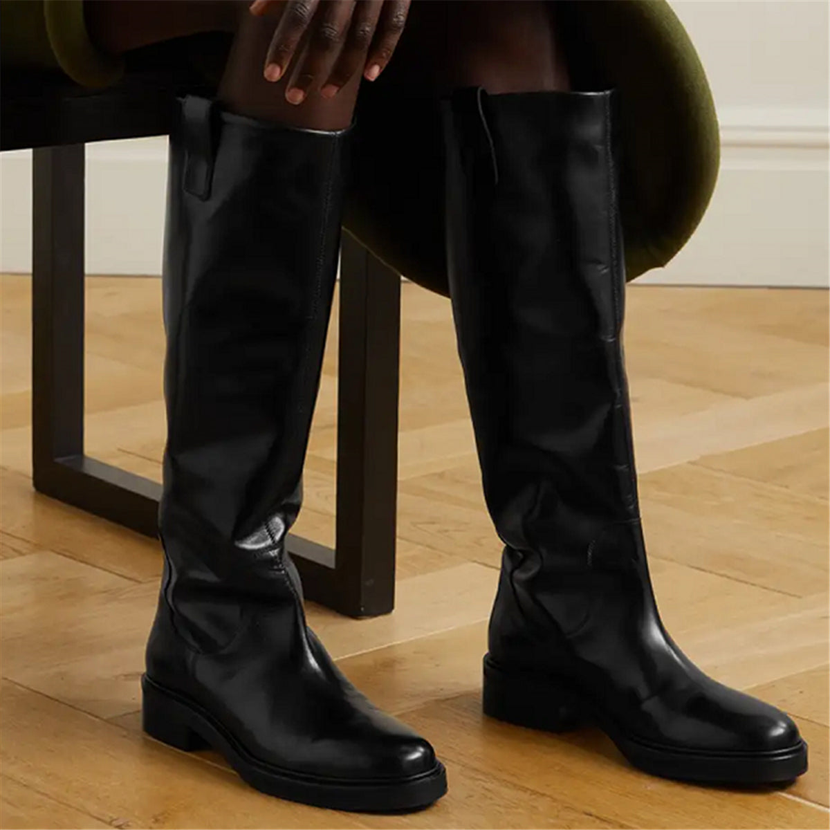 TinaCus Women's Round Toe Genuine Leather Handmade Block Low Heels Knee High Boots
