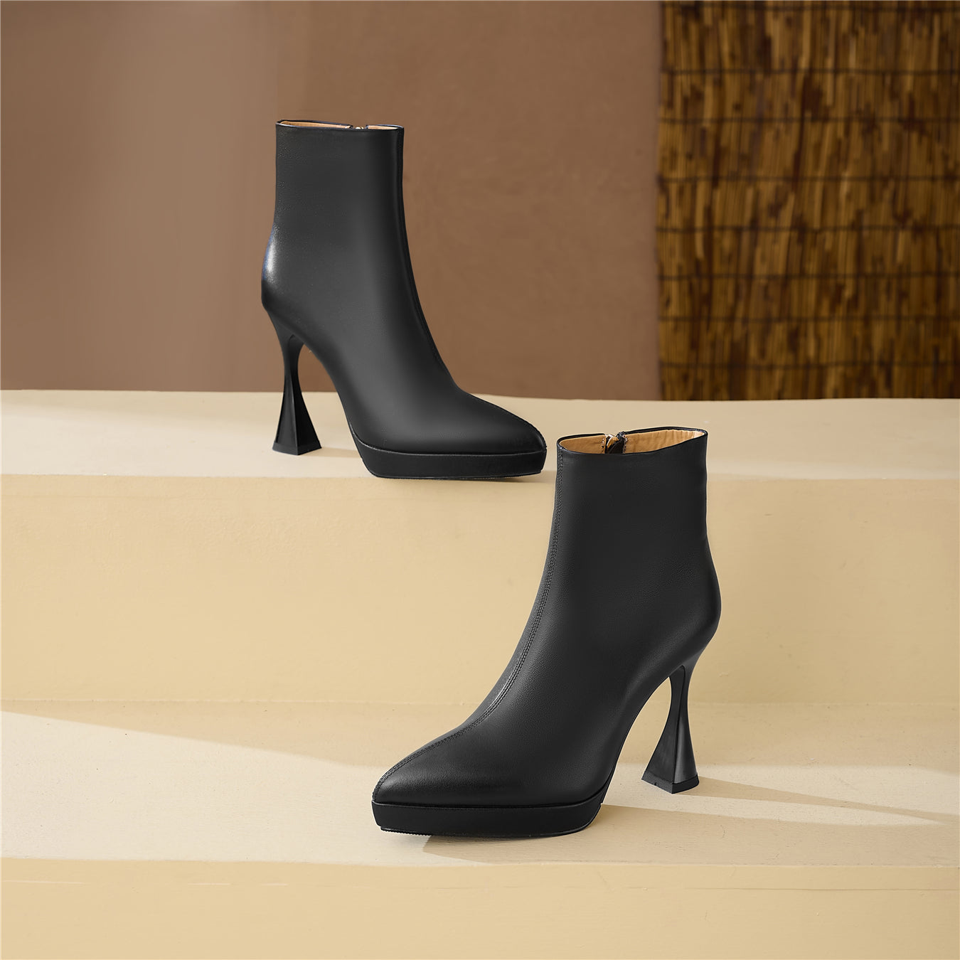 TinaCus Damen-Stiefeletten aus echtem Leder, Plateau, handgefertigt, hoher Absatz, seitlicher Reißverschluss