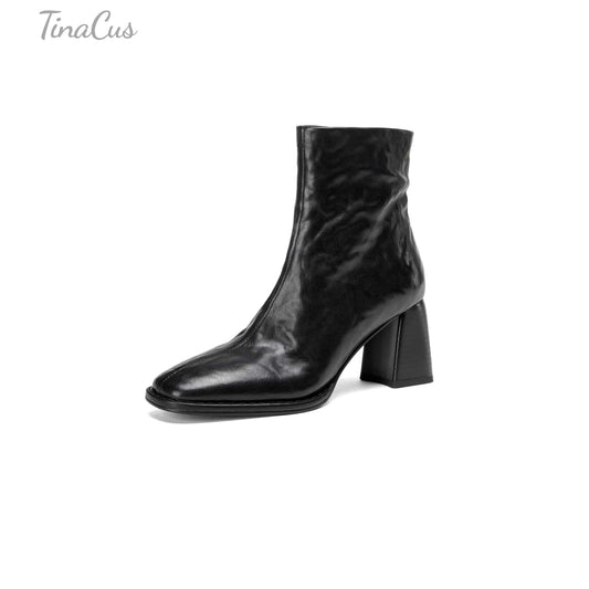 TinaCus Women's Ankle Boots Handmade Genuine Leather Square Toe High Block Heel Office Business