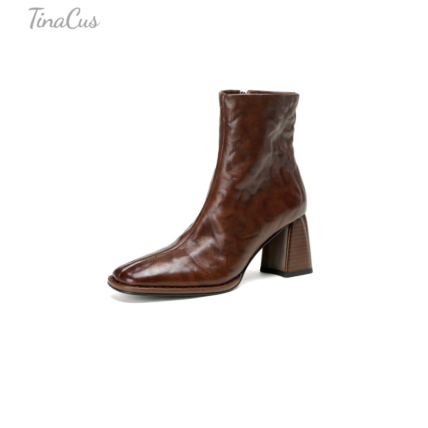 TinaCus Women's Ankle Boots Handmade Genuine Leather Square Toe High Block Heel Office Business