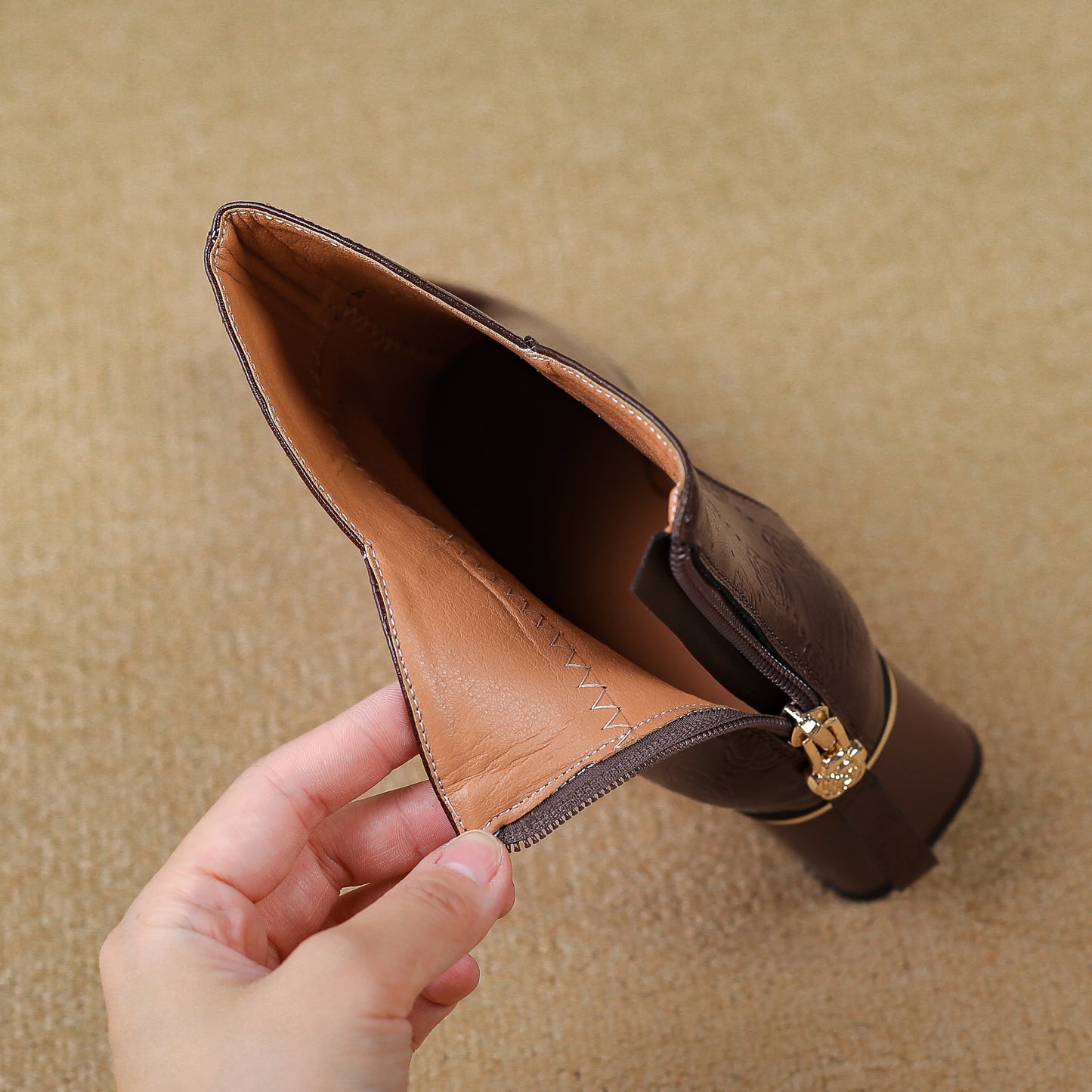 TinaCus Genuine Leather Handmade Chunky Heels Women's Pointed Toe Trendy Ankle Boots with Back Zipper