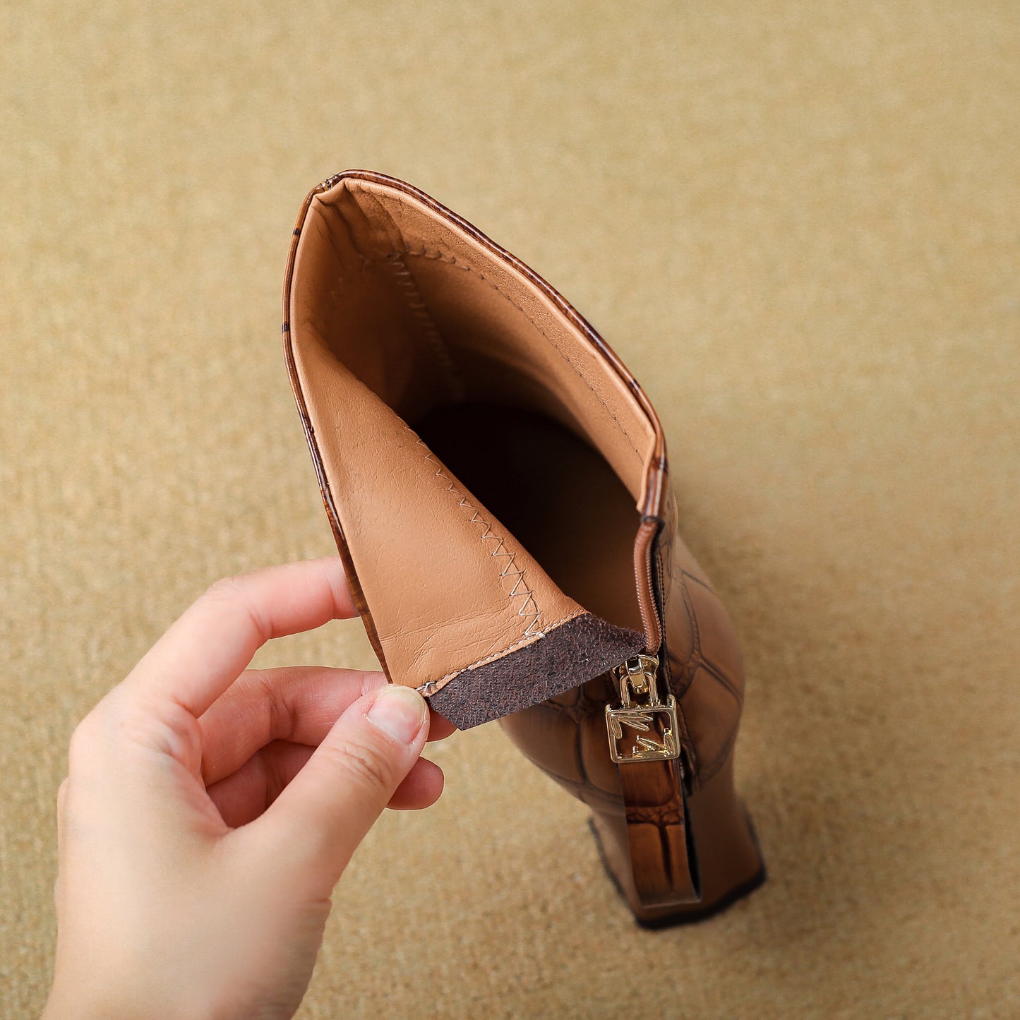 TinaCus Embossed Genuine Leather Women's Pointed Toe Handmade Back Zipper High Chunky Heels Chic Ankle Boots