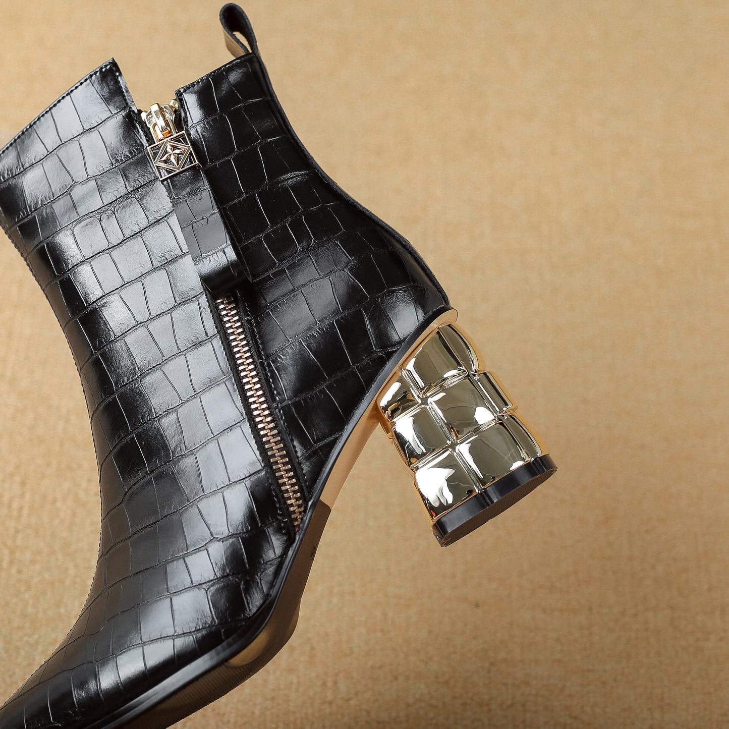 TinaCus Women's Pointed Toe Checkered Pattern Genuine Leather Handmade Zippers Mid Chunky Heels Ankle Boots