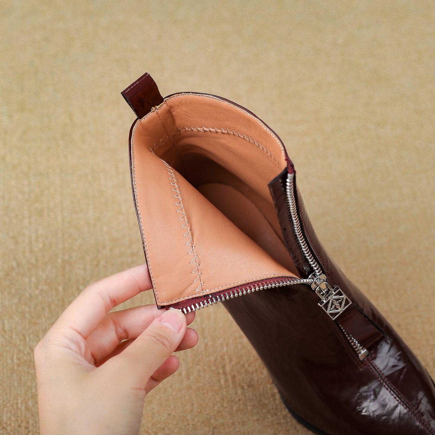 TinaCus Patent Leather Women's Pointed Toe Handmade Front Zipper Mid Chunky Heels Chic Ankle Boots