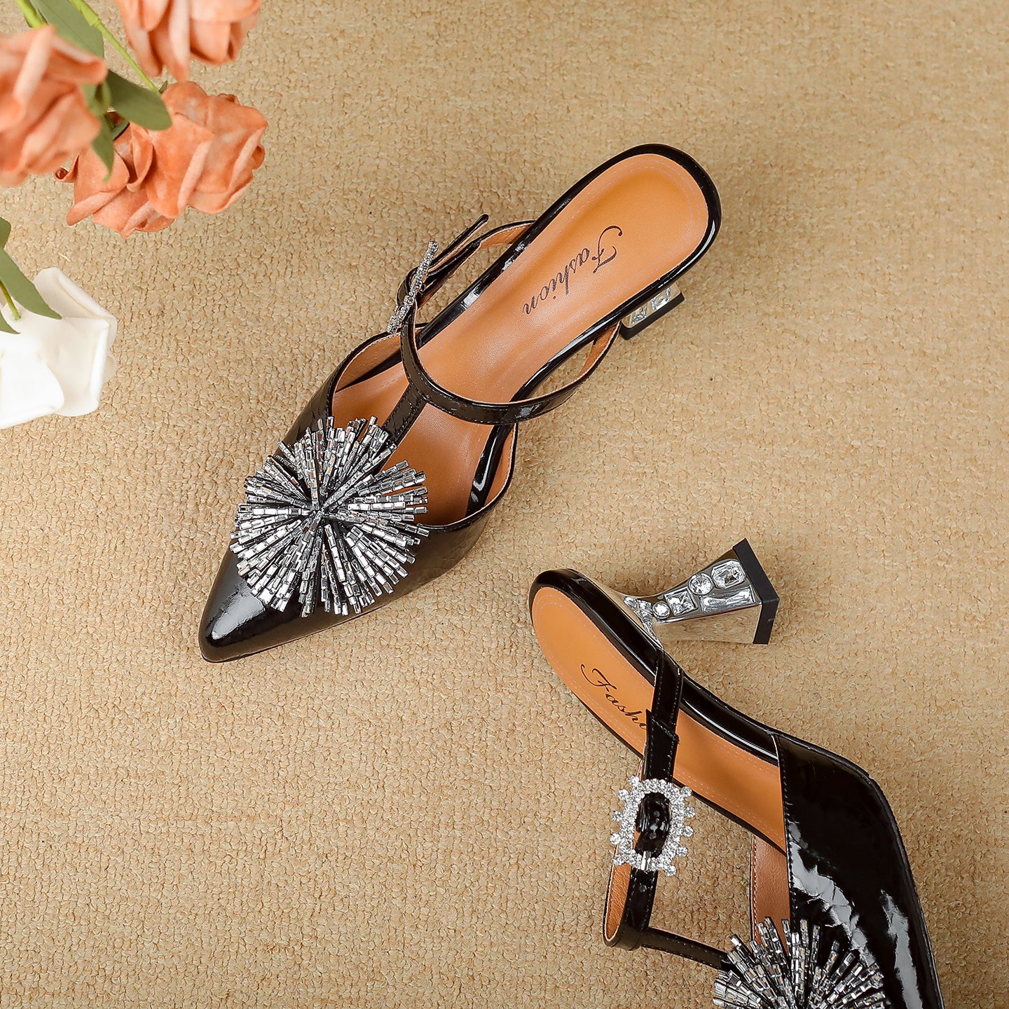 TinaCus Women's Rhinestone Mules Genuine Leather Handmade Pointed Toe Kitten Heel Slip On Sandals Shoes