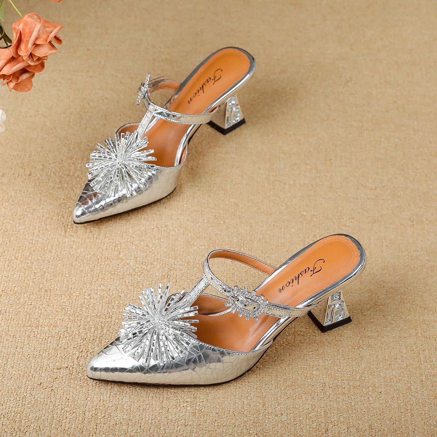 TinaCus Women's Rhinestone Mules Genuine Leather Handmade Pointed Toe Kitten Heel Slip On Sandals Shoes