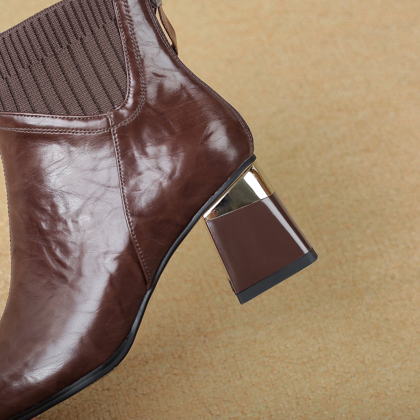 TinaCus Women's Pointed Toe Genuine Leather & Knitted Fabric Handmade Chunky Heels Zip up Ankle Boots