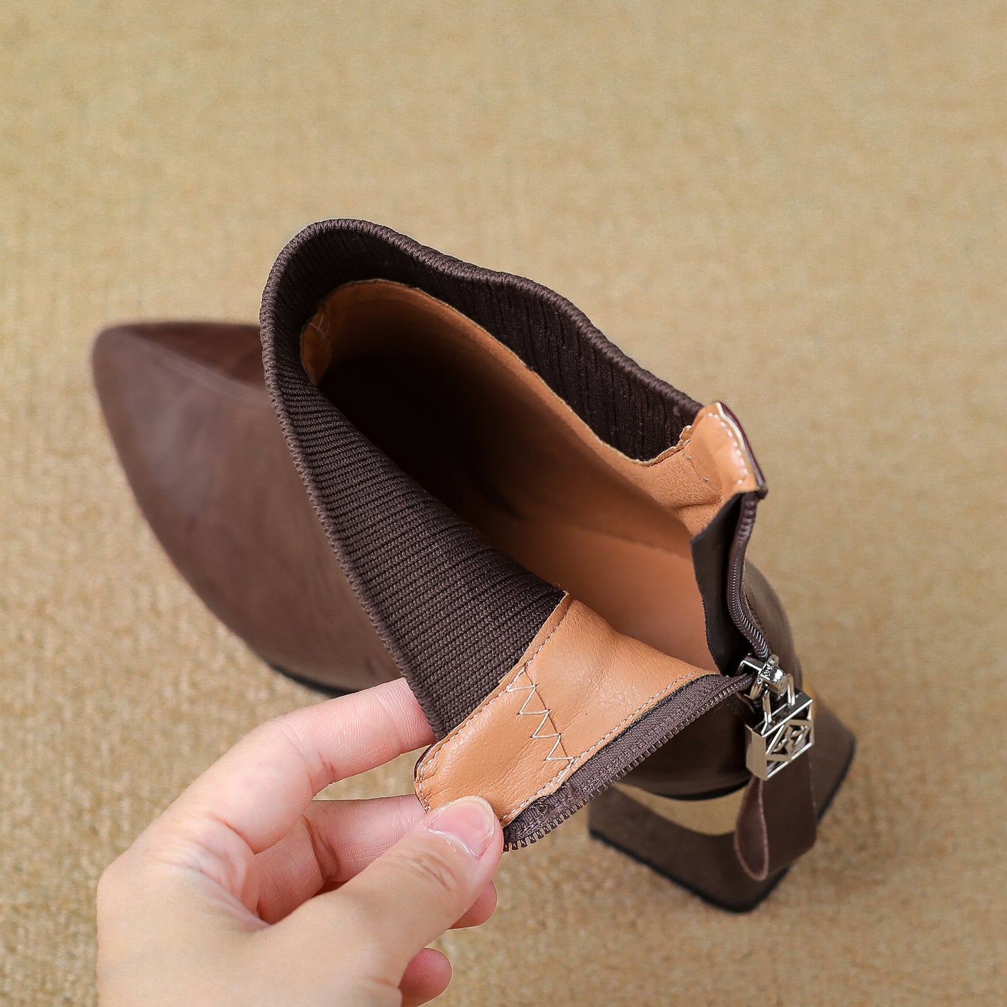 TinaCus Women's Pointed Toe Genuine Leather & Knitted Fabric Handmade Chunky Heels Zip up Ankle Boots